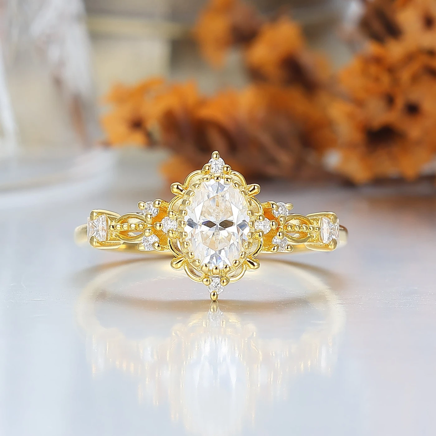 Baroque-inspired Oval Shaped Floral Engagement Ring Milgrain Rose Gold Bridal Ring