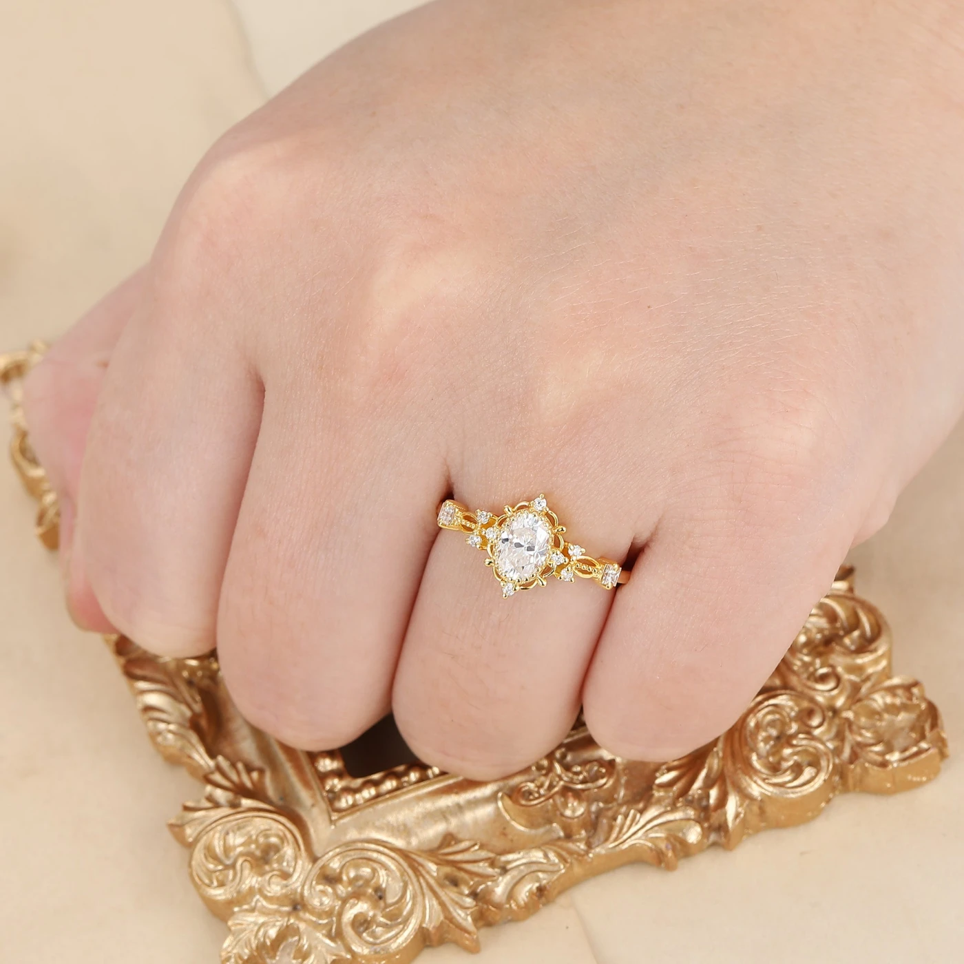 Baroque-inspired Oval Shaped Moissanite Floral Engagement Ring Milgrain Rose Gold Bridal Ring - view 2