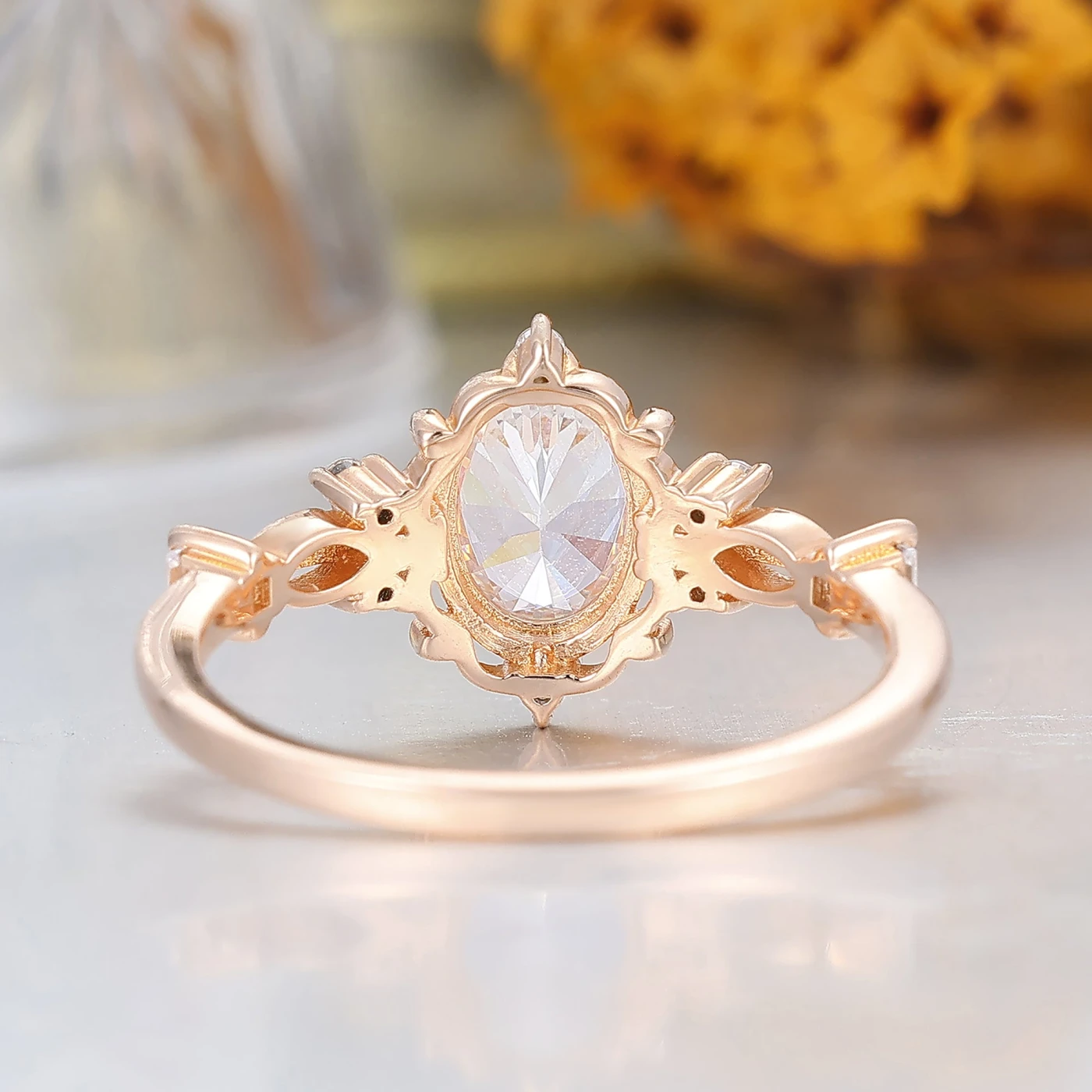 Baroque-inspired Oval Shaped Moissanite Floral Engagement Ring Milgrain Rose Gold Bridal Ring - view 7