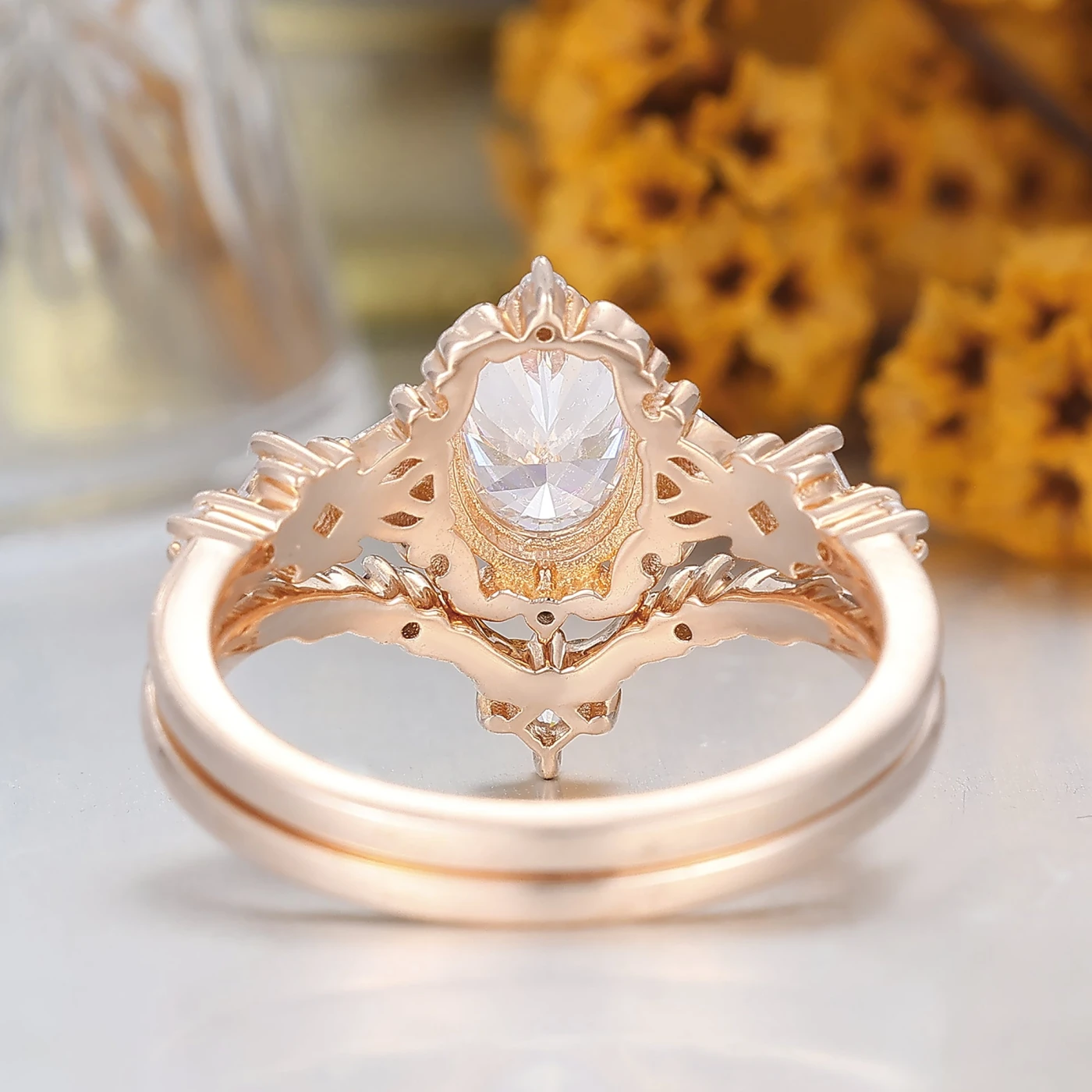 Vintage Filigreed Vine Moissanite Wedding Ring Set For Women Oval Cut Rose Gold Bridal Ring - view 4