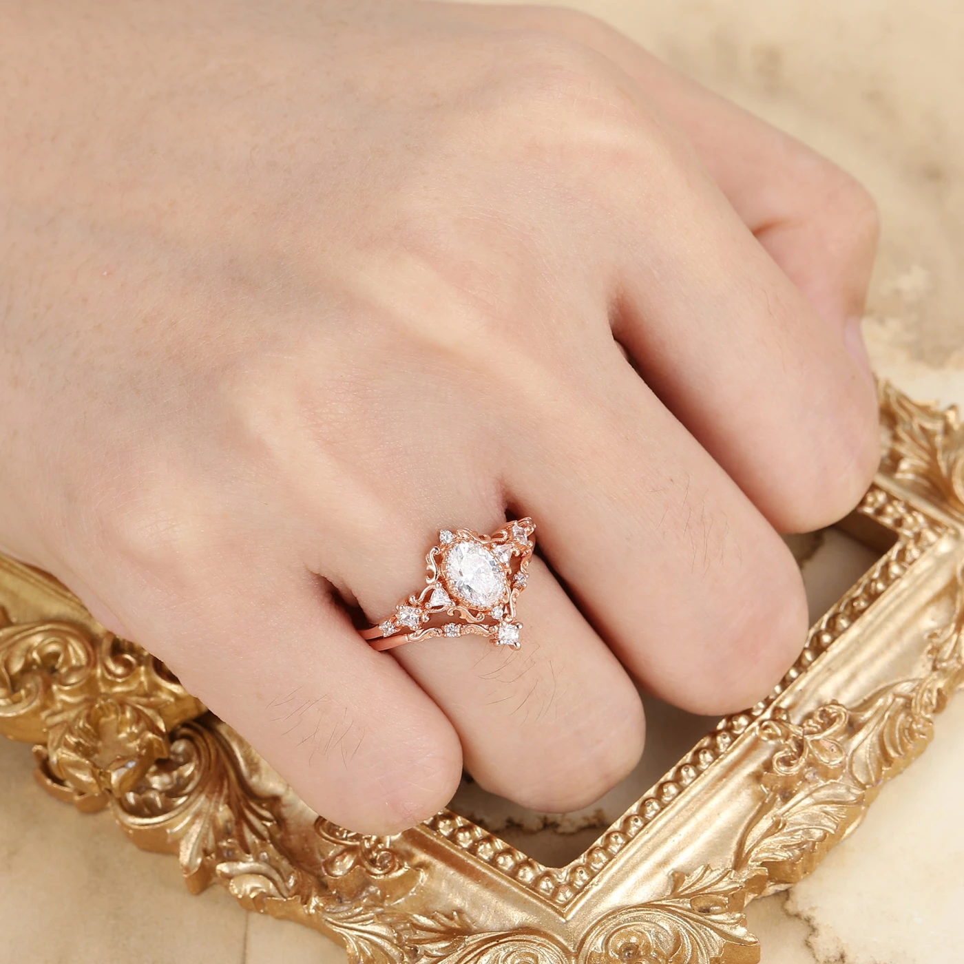 Vintage Filigreed Vine Moissanite Wedding Ring Set For Women Oval Cut Rose Gold Bridal Ring - view 6