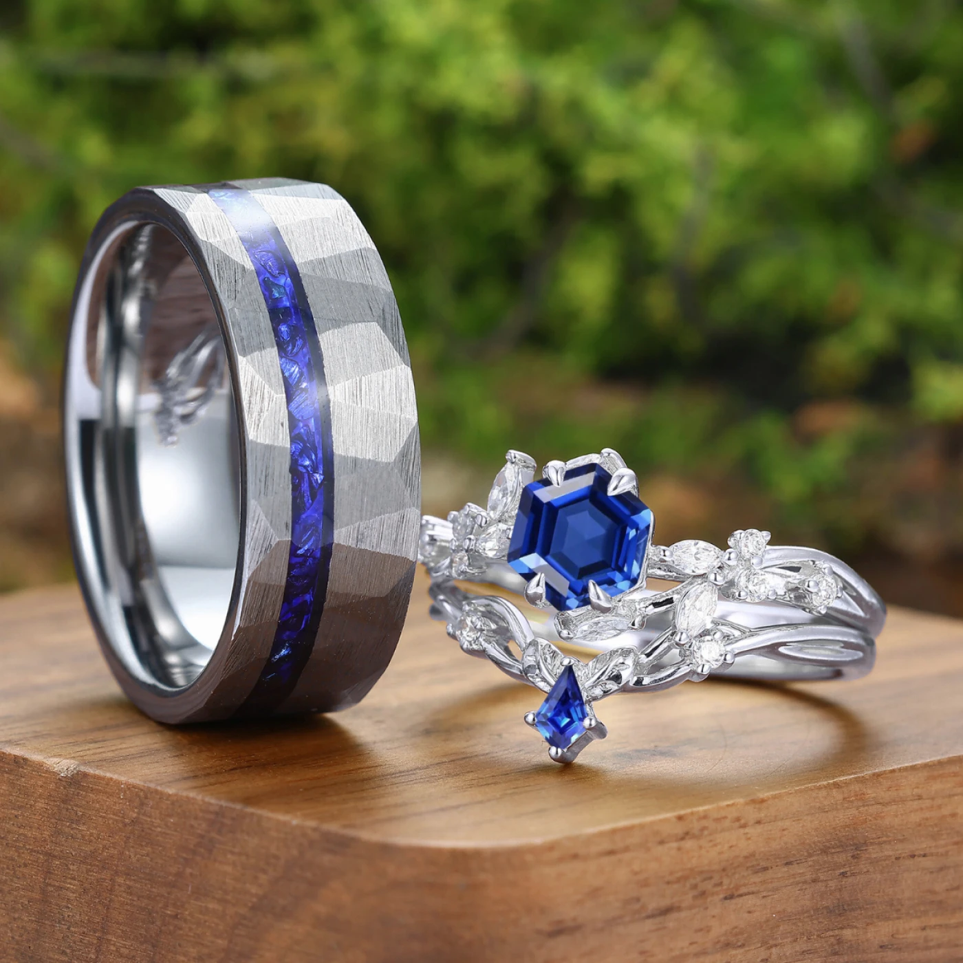 Nature Inspired Hexagon Sapphire Couple Ring Set Blue Marriage Ring Set His And Hers Rings - view 2