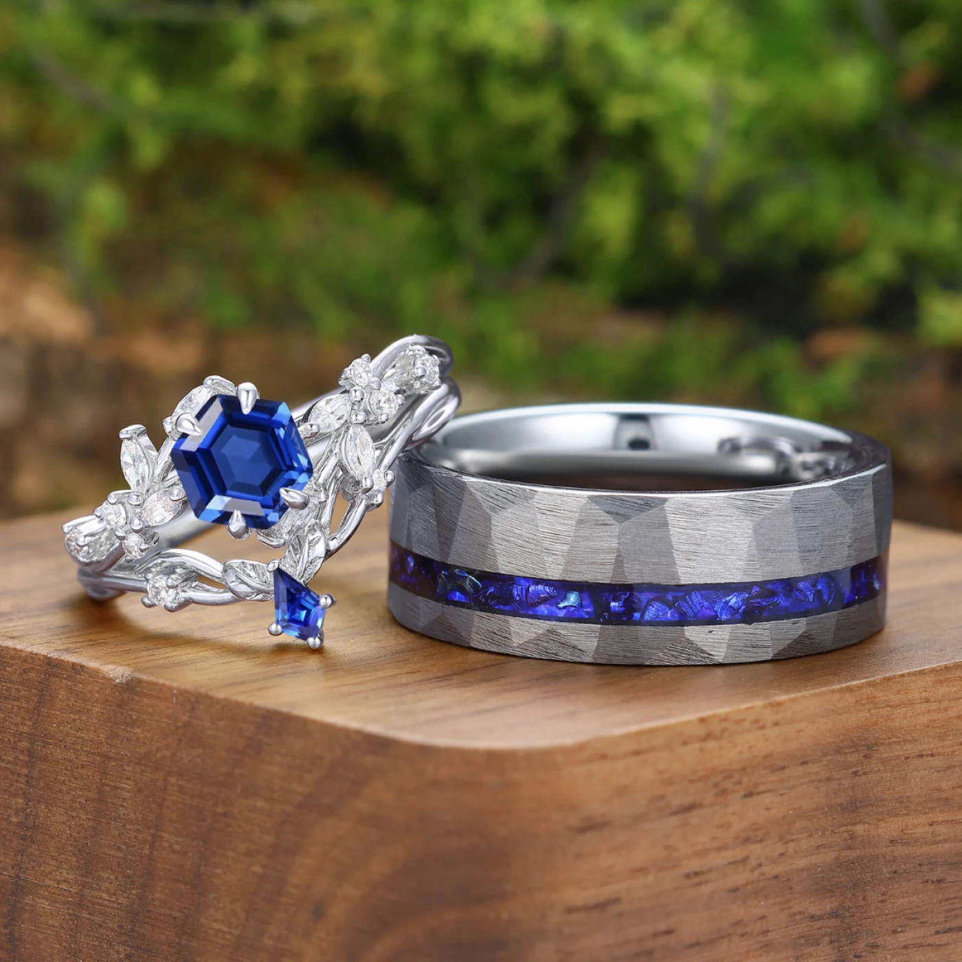 Nature Inspired Hexagon Sapphire Couple Ring Set Blue Marriage