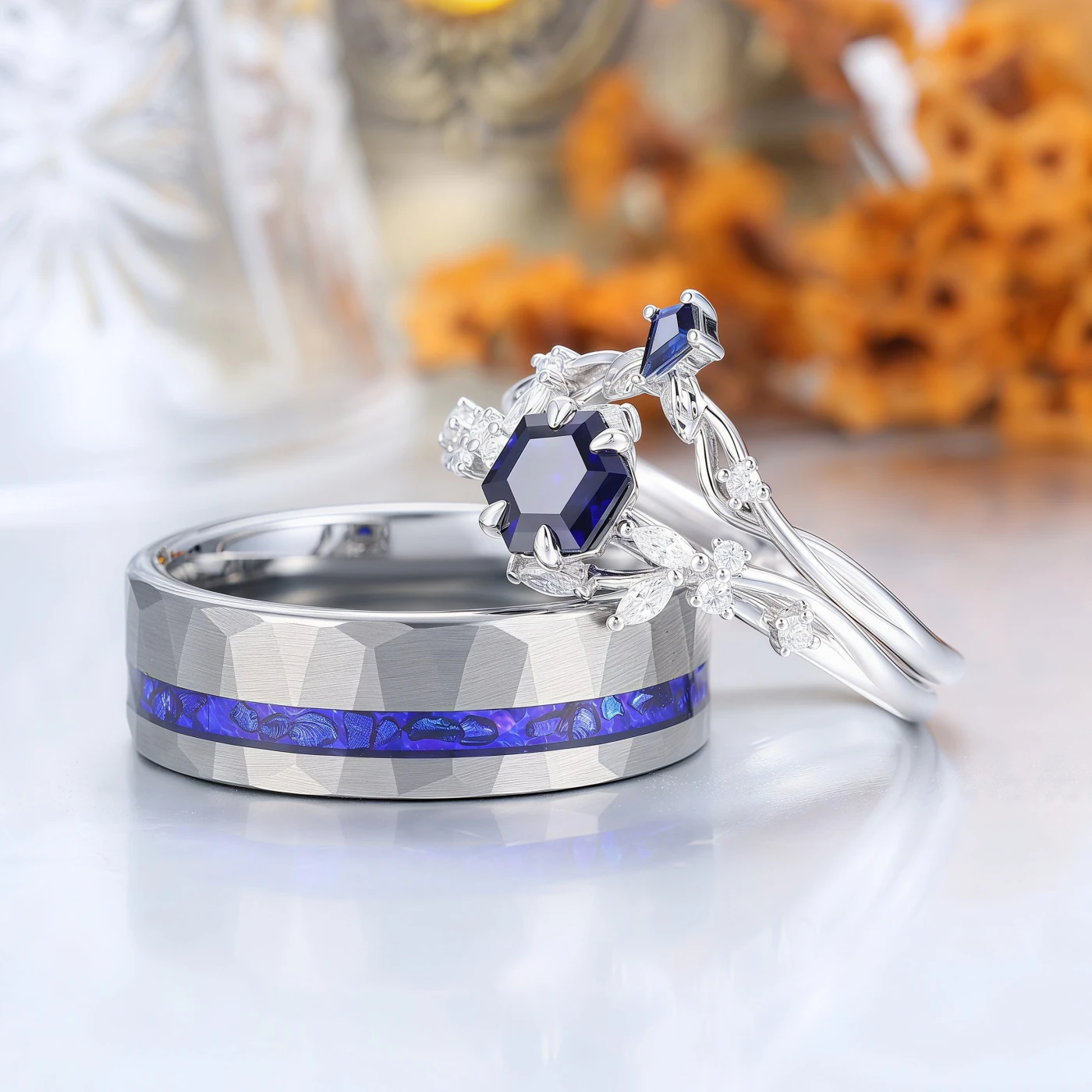 Nature Inspired Hexagon Sapphire Couple Ring Set Blue Marriage Ring Set His And Hers Rings - view 7