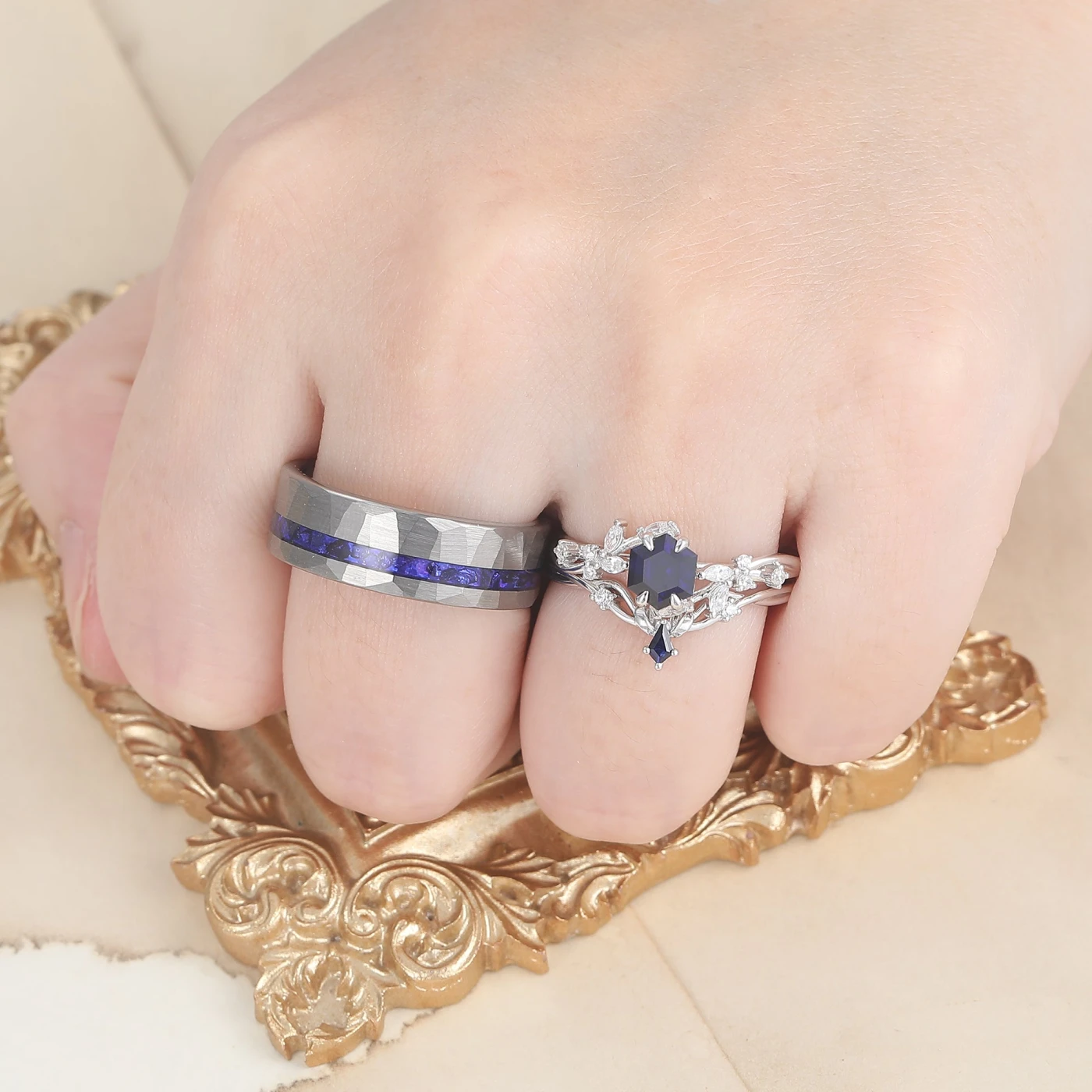 Nature Inspired Hexagon Sapphire Couple Ring Set Blue Marriage Ring Set His And Hers Rings - view 9