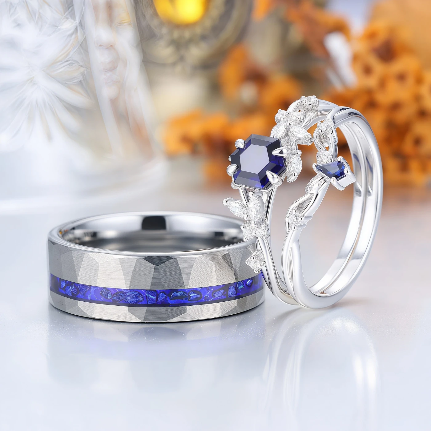 Nature Inspired Hexagon Sapphire Couple Ring Set Blue Marriage Ring Set His And Hers Rings - view 8