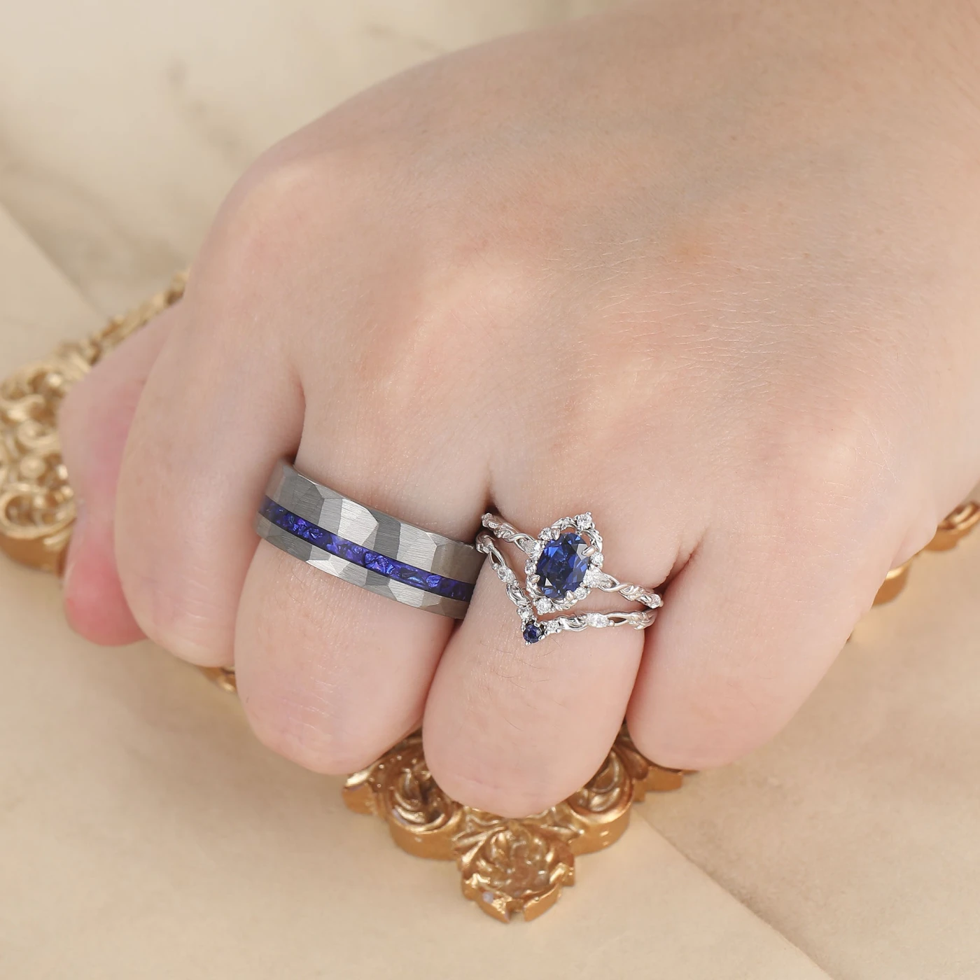 Baroque-inspired Sapphire Filigreed Couple Ring Set Blue His And Hers Matching Rings - view 9