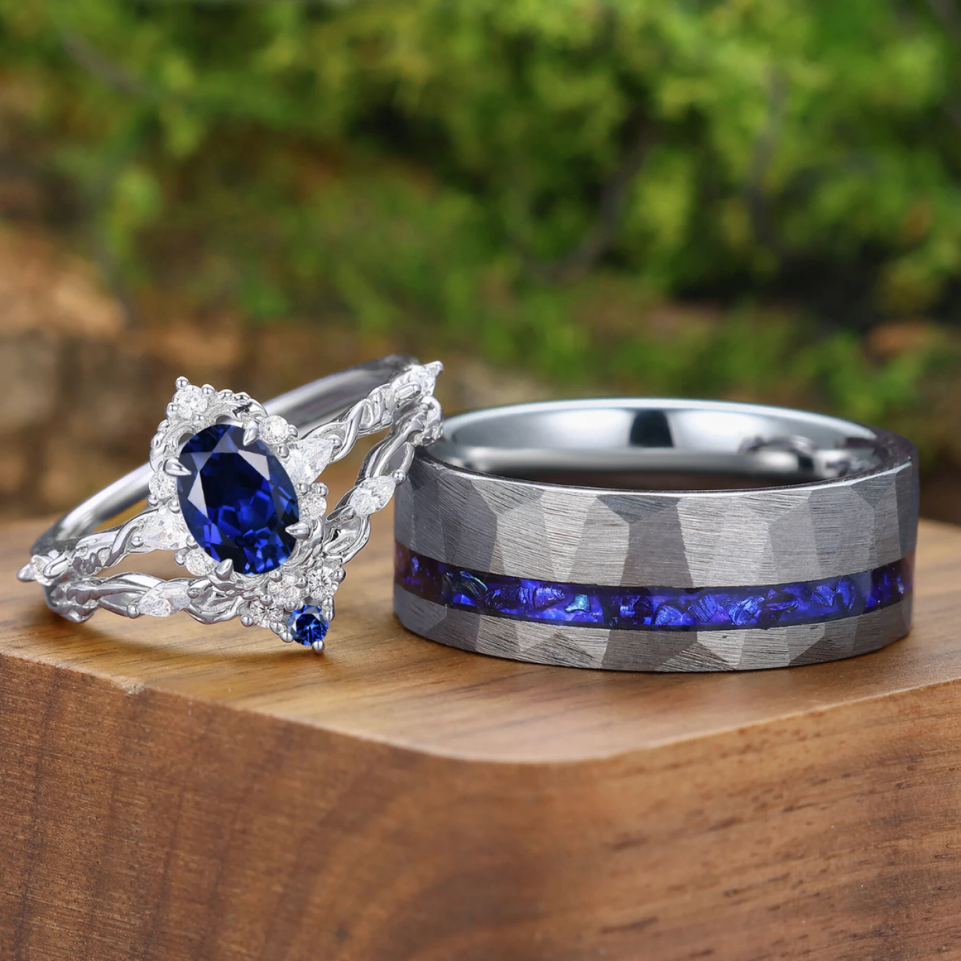 Baroque-inspired Sapphire Filigreed Couple Ring Set Blue His And