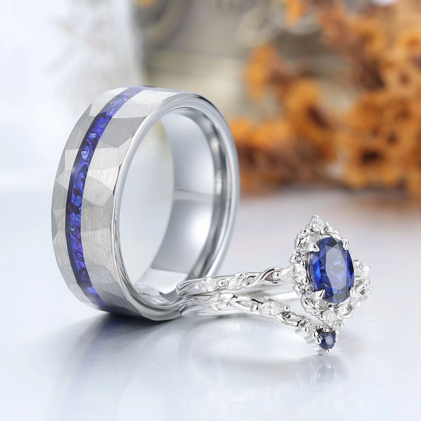 Baroque-inspired Sapphire Filigreed Couple Ring Set Blue His And Hers Matching Rings - view 6