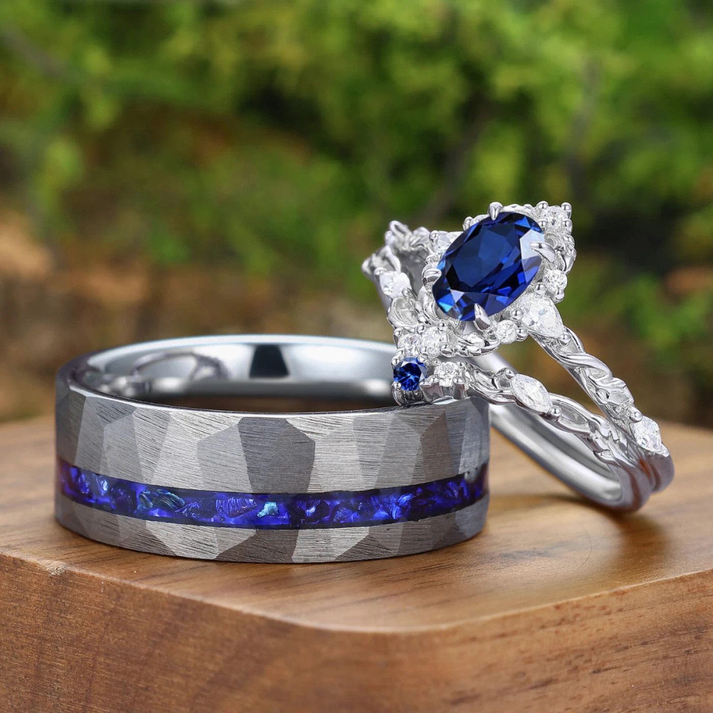 Baroque-inspired Sapphire Filigreed Couple Ring Set Blue His And Hers Matching Rings - view 3