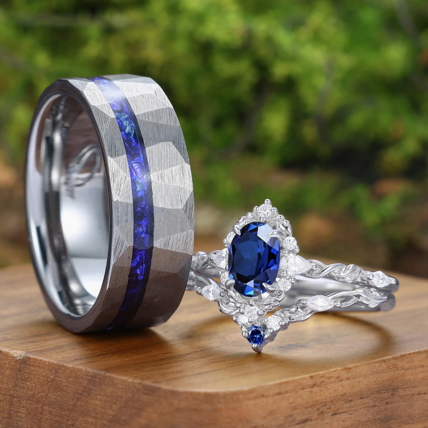 Baroque-inspired Sapphire Filigreed Couple Ring Set Blue His And Hers Matching Rings - view 2