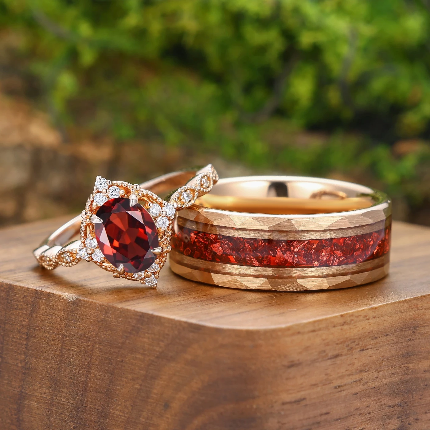 Vintage Natural Red Ganret Milgrained Couple Rings Marriage Ring