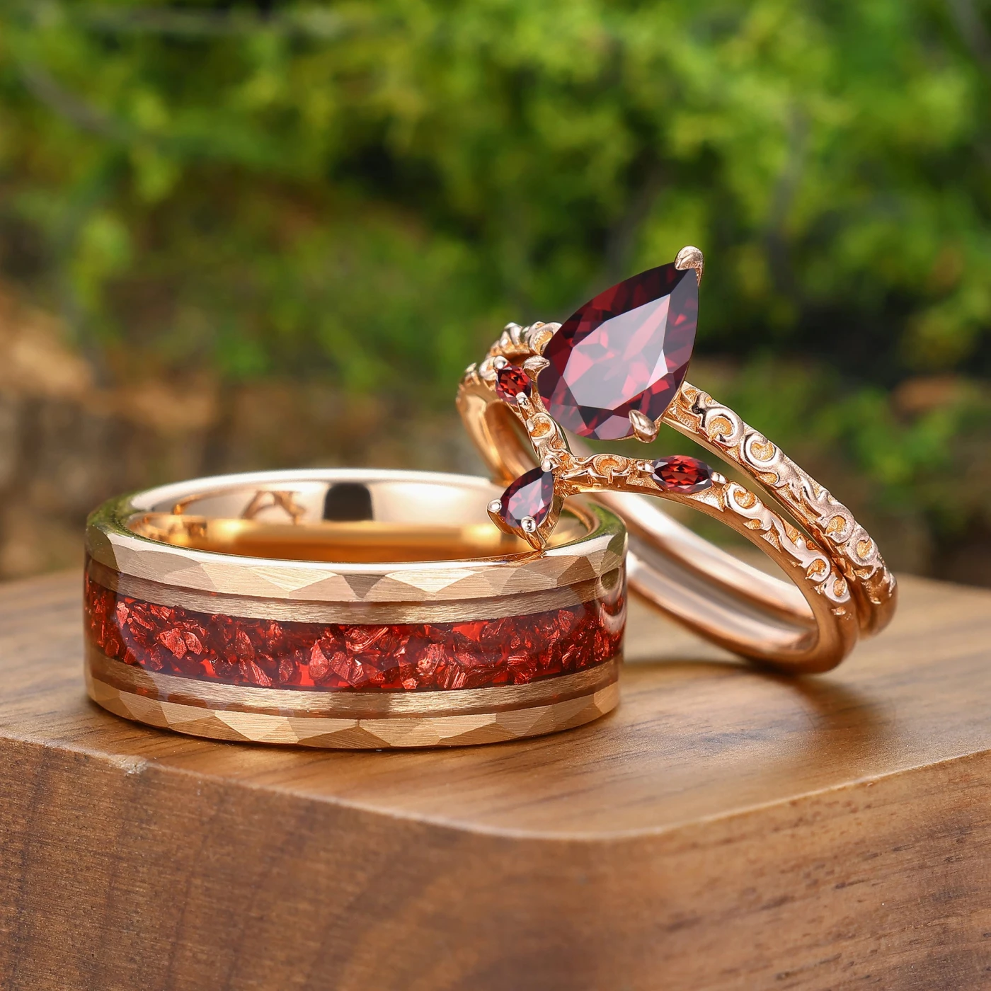 Exquisite Natural Red Ganret Filigreed Couple Ring Set Rose Gold Plated Flourish His And Hers Ring - view 3