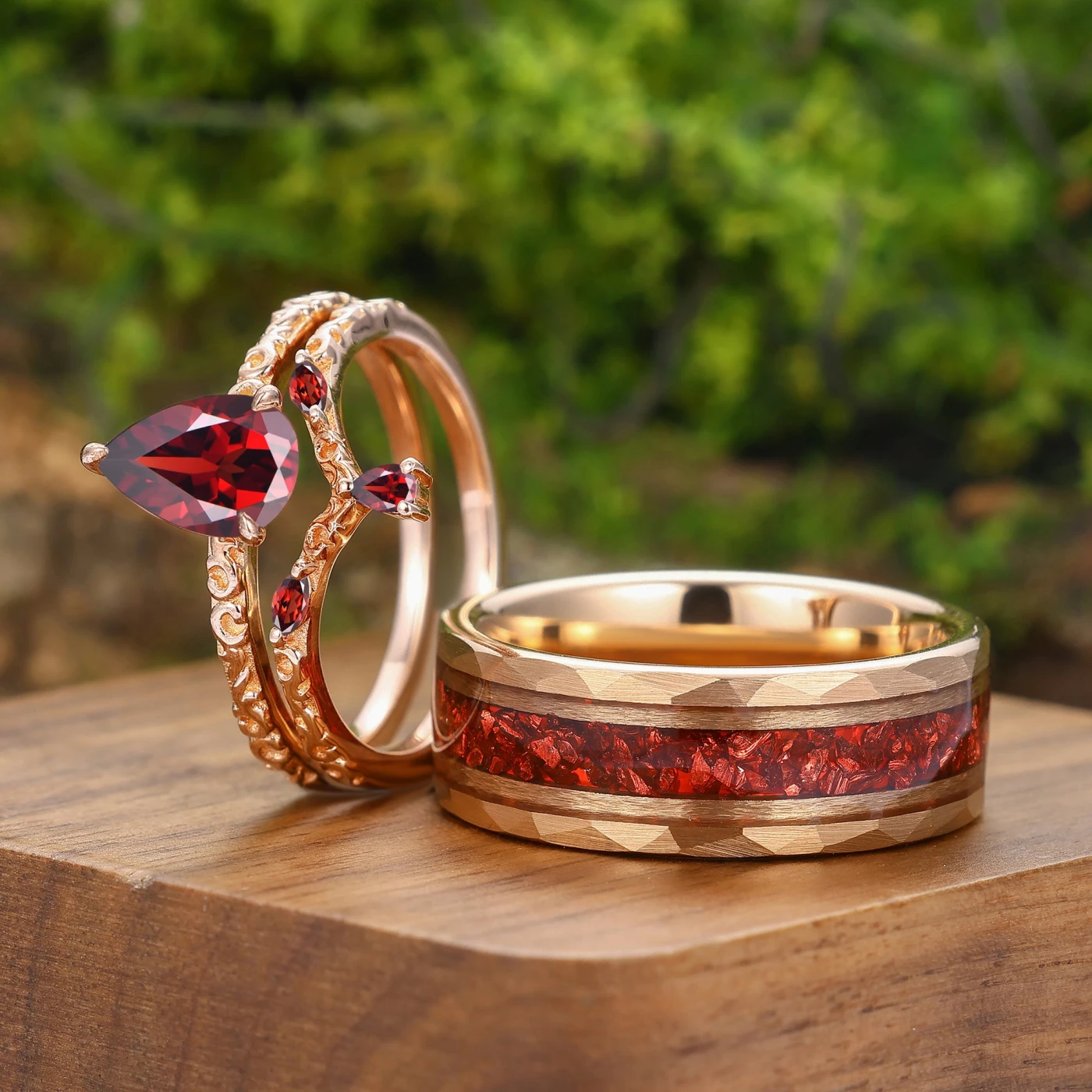 Exquisite Natural Red Ganret Filigreed Couple Ring Set Rose Gold Plated Flourish His And Hers Ring - view 4