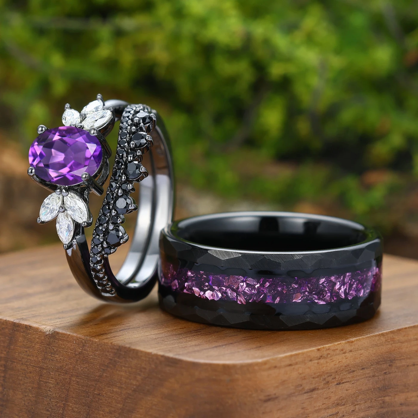 Delicate Natural Amethyst Floral Couple Ring Set Black Plated Petal His And Hers Matching Ring - view 4