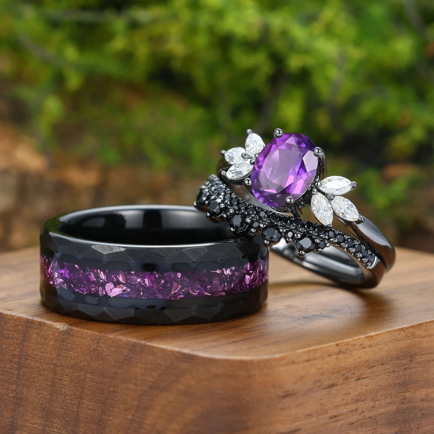 Delicate Natural Amethyst Floral Couple Ring Set Black Plated Petal His And Hers Matching Ring - view 3