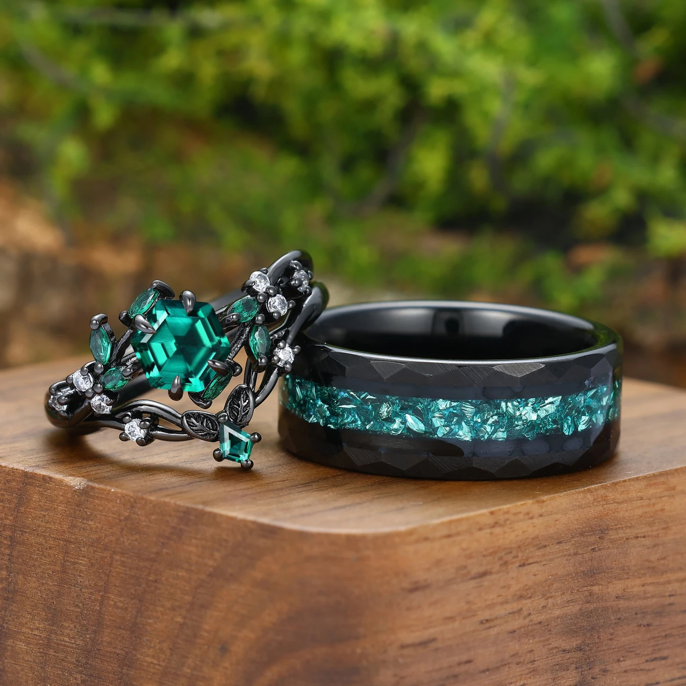 Art Deco Emerald Leaf Branch Couple Rings Leaf Inspired Matching