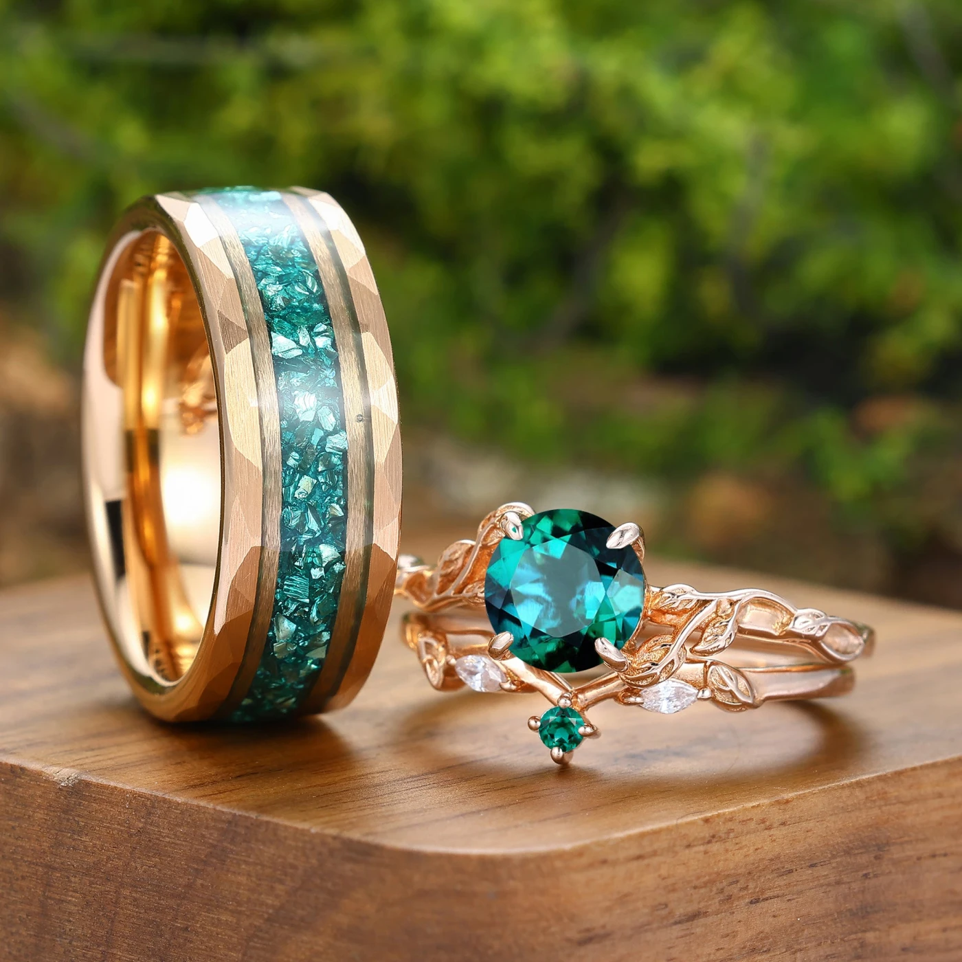 Unique Leaf Design Emerald Couple Rings Rose Gold Plated Matching Ring Set His And Hers Rings - view 2