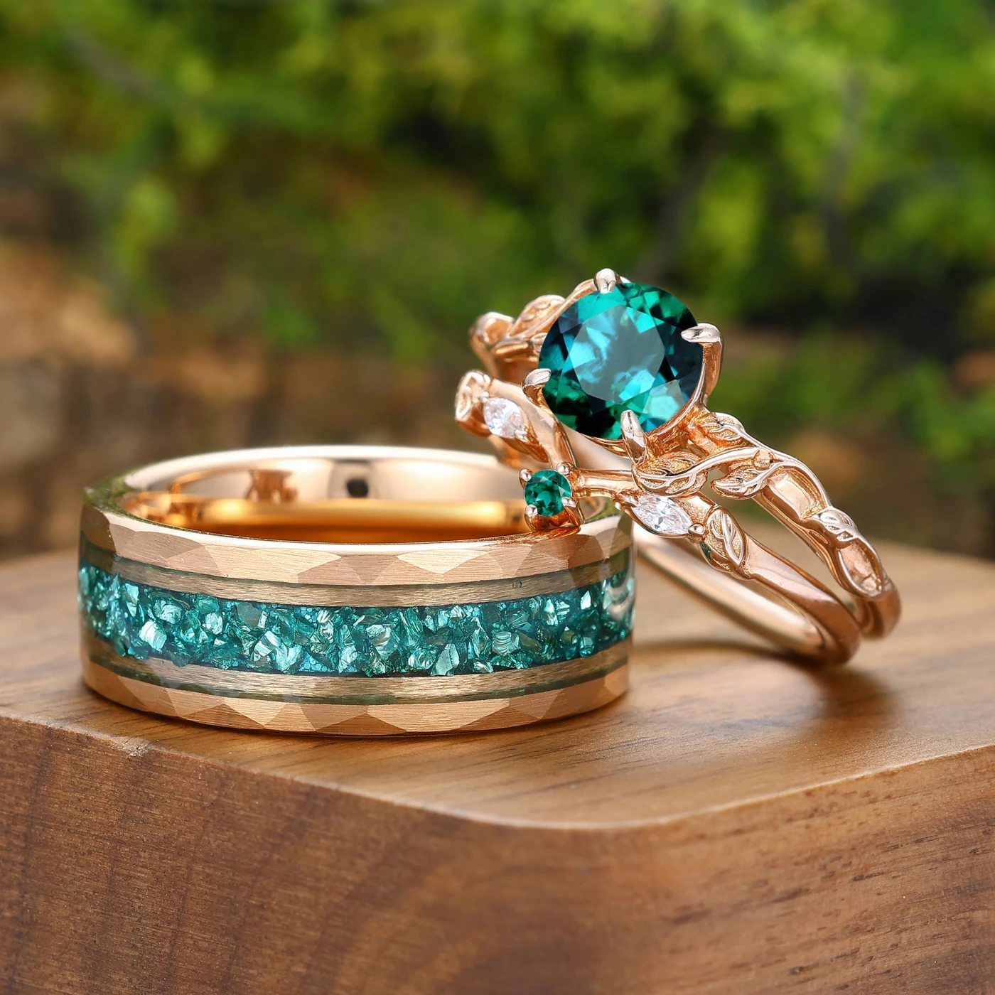 Unique Leaf Design Emerald Couple Rings Rose Gold Plated Matching Ring Set His And Hers Rings - view 4