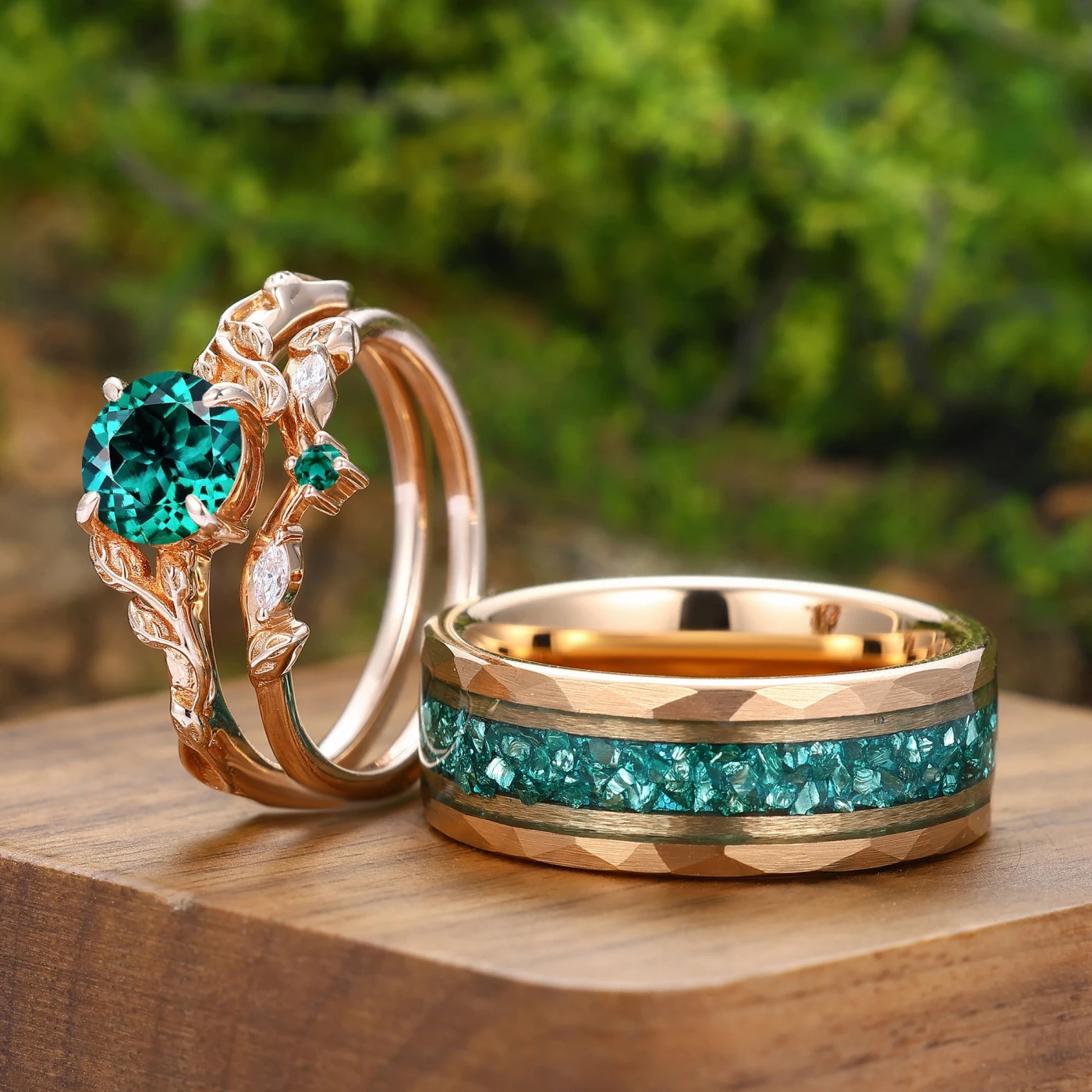 Unique Leaf Design Emerald Couple Rings Rose Gold Plated Matching Ring Set His And Hers Rings - view 3