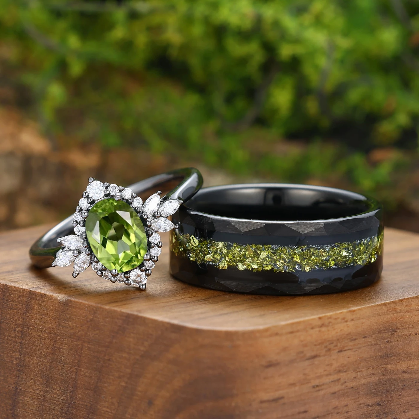 Unique Floral Oval Cut Peridot Couple Rings Cluster His and Hers
