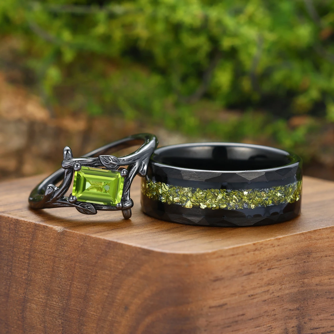 Branch Design Emerald Cut Peridot Couple Rings Nature Inspired