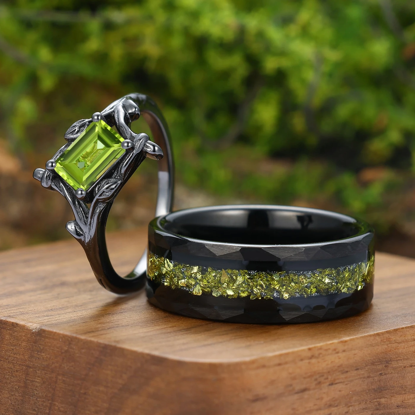 Branch Design Emerald Cut Peridot Couple Rings Nature Inspired His and Hers Peridot August Rings - view 4