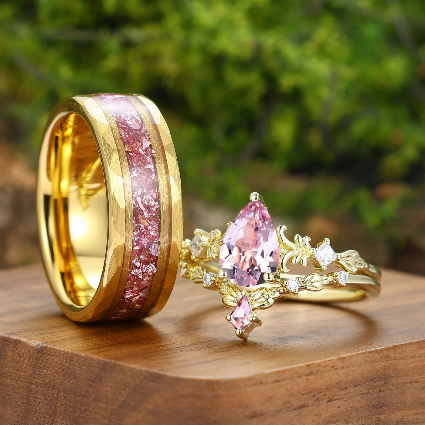 Dainty Leaf Inspired Pink Morganite Couple Ring Set Ring Set For Men And Women - view 2