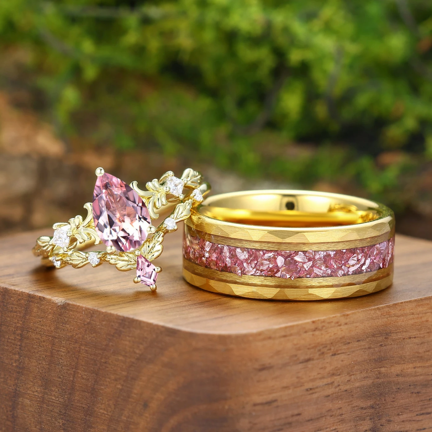 Dainty Leaf Inspired Pink Morganite Couple Ring Set Ring Set For Men And Women