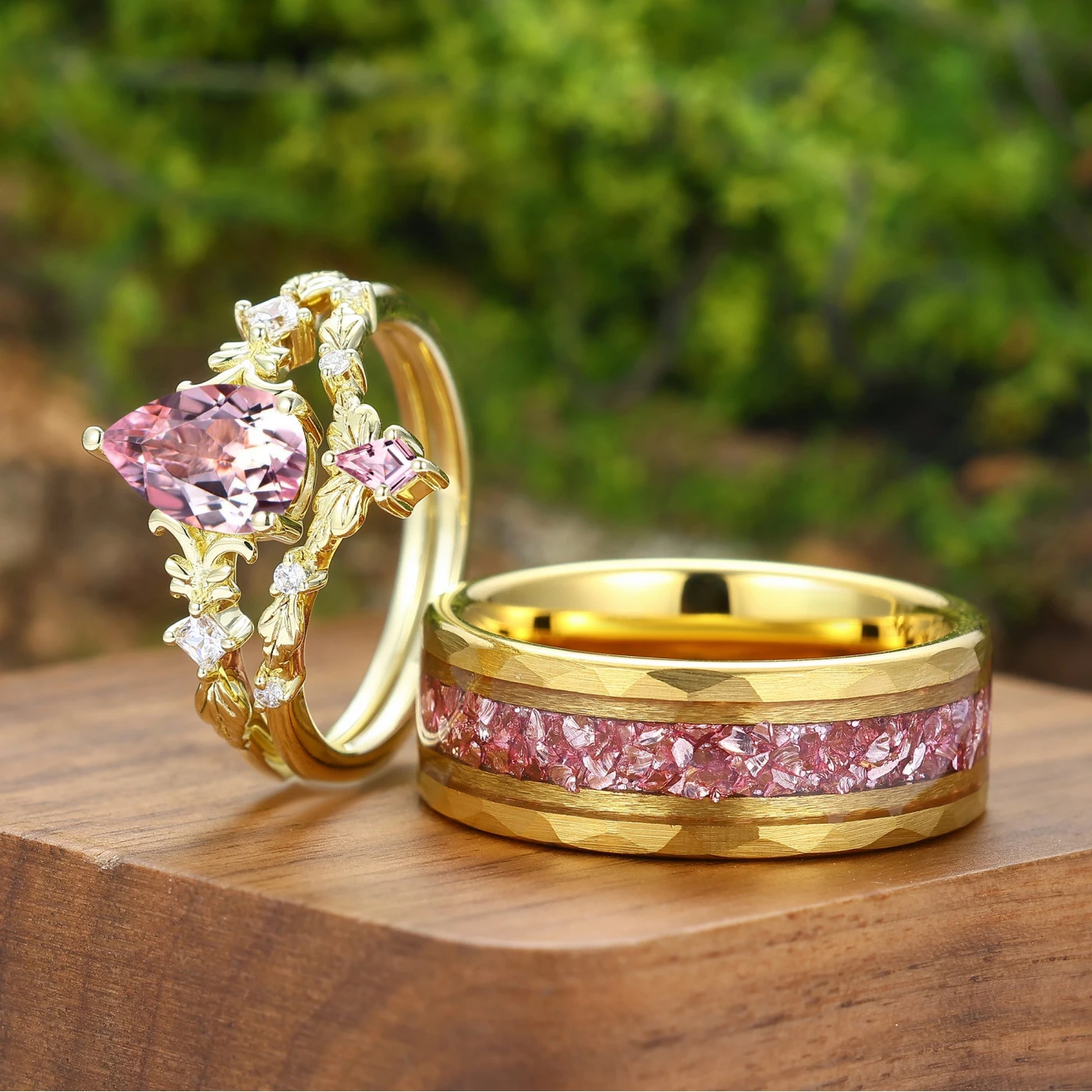 Dainty Leaf Inspired Pink Morganite Couple Ring Set Ring Set For Men And Women - view 4