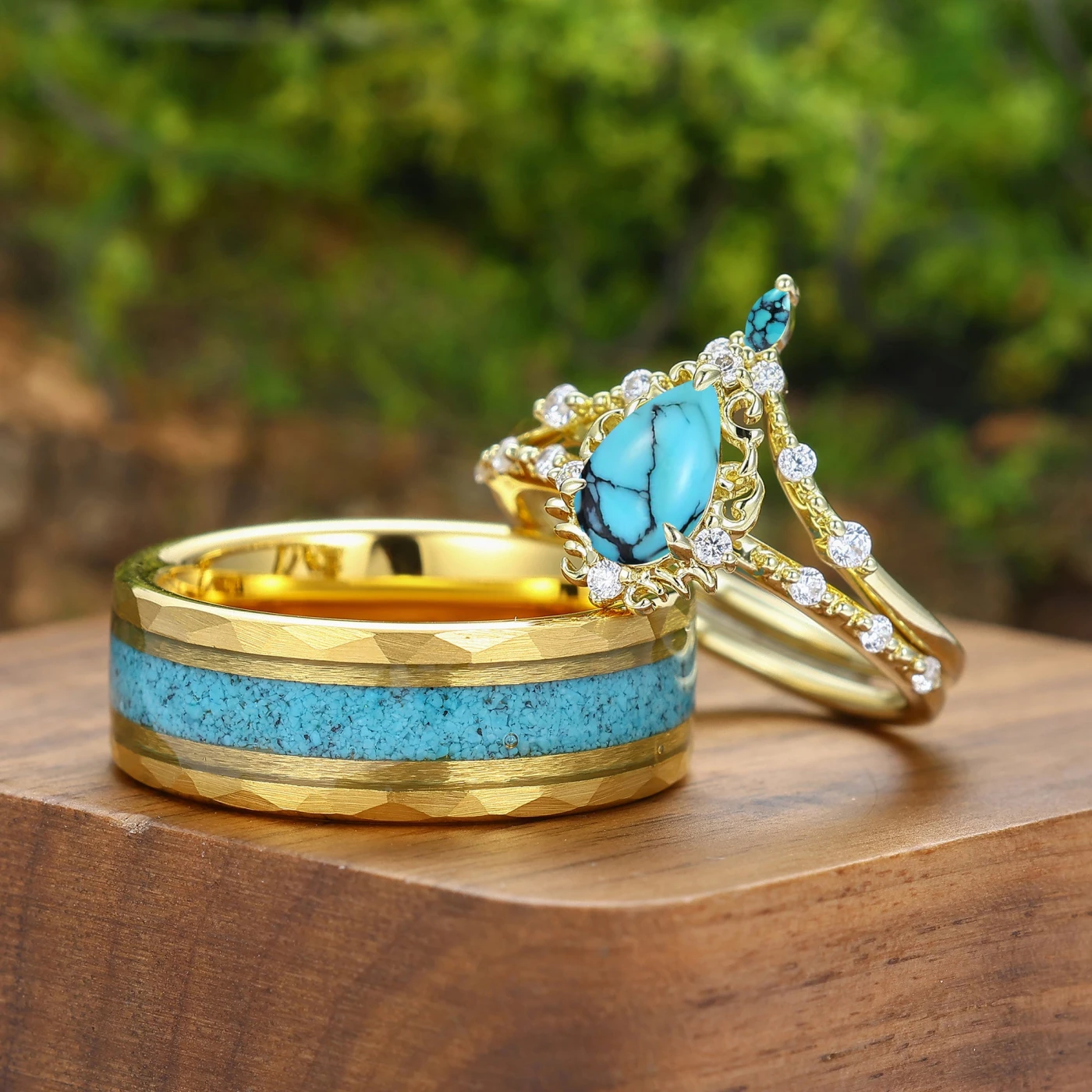 Art Deco Scrollwork Pear Cut Turquoise Promise Couple Ring Set His And Hers Rings - view 3