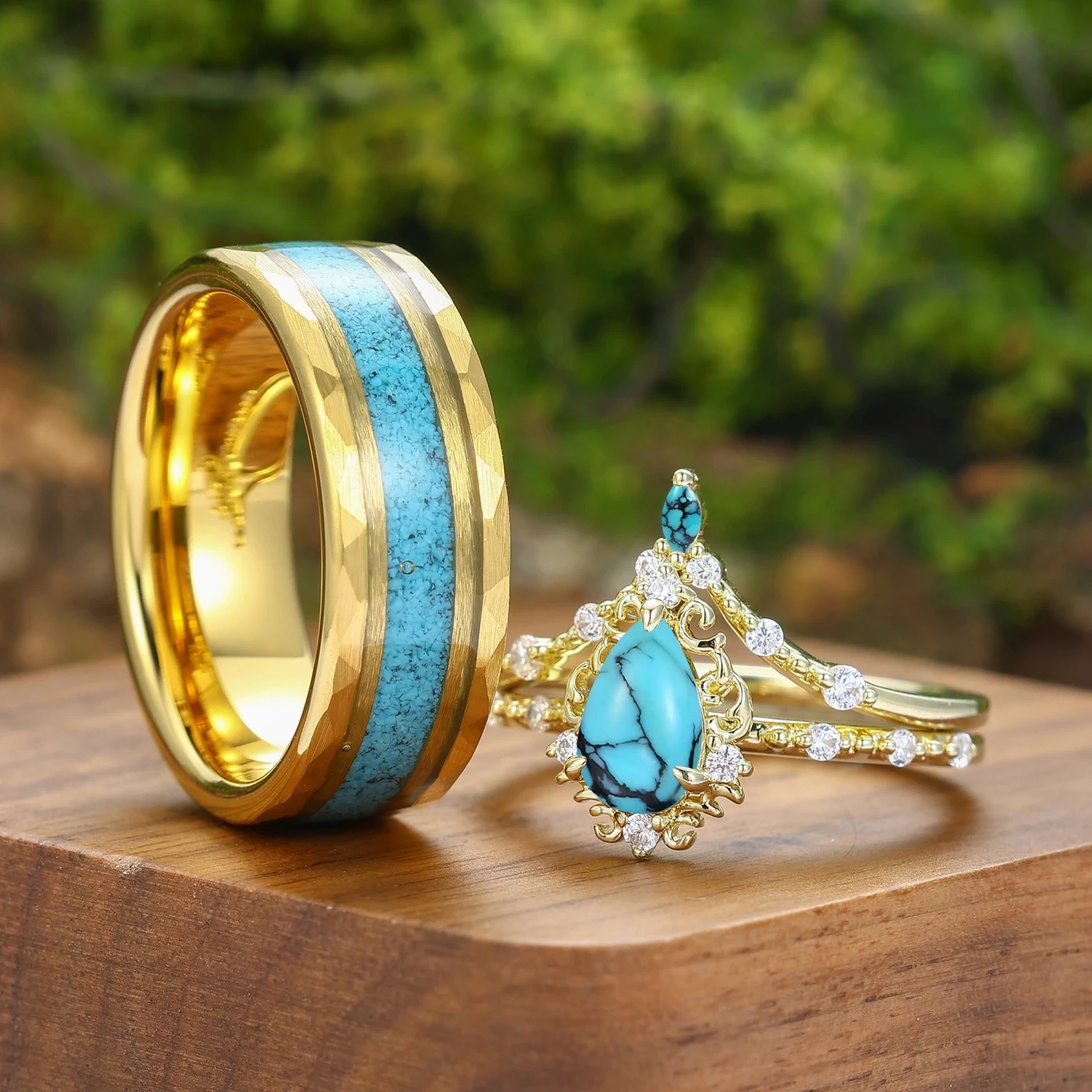 Art Deco Scrollwork Pear Cut Turquoise Promise Couple Ring Set His And Hers Rings