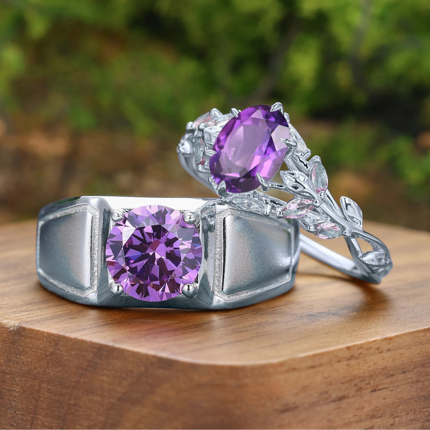 Leaf Design Natural Couple Rings Purple 925 Silver Rings For Men And Women