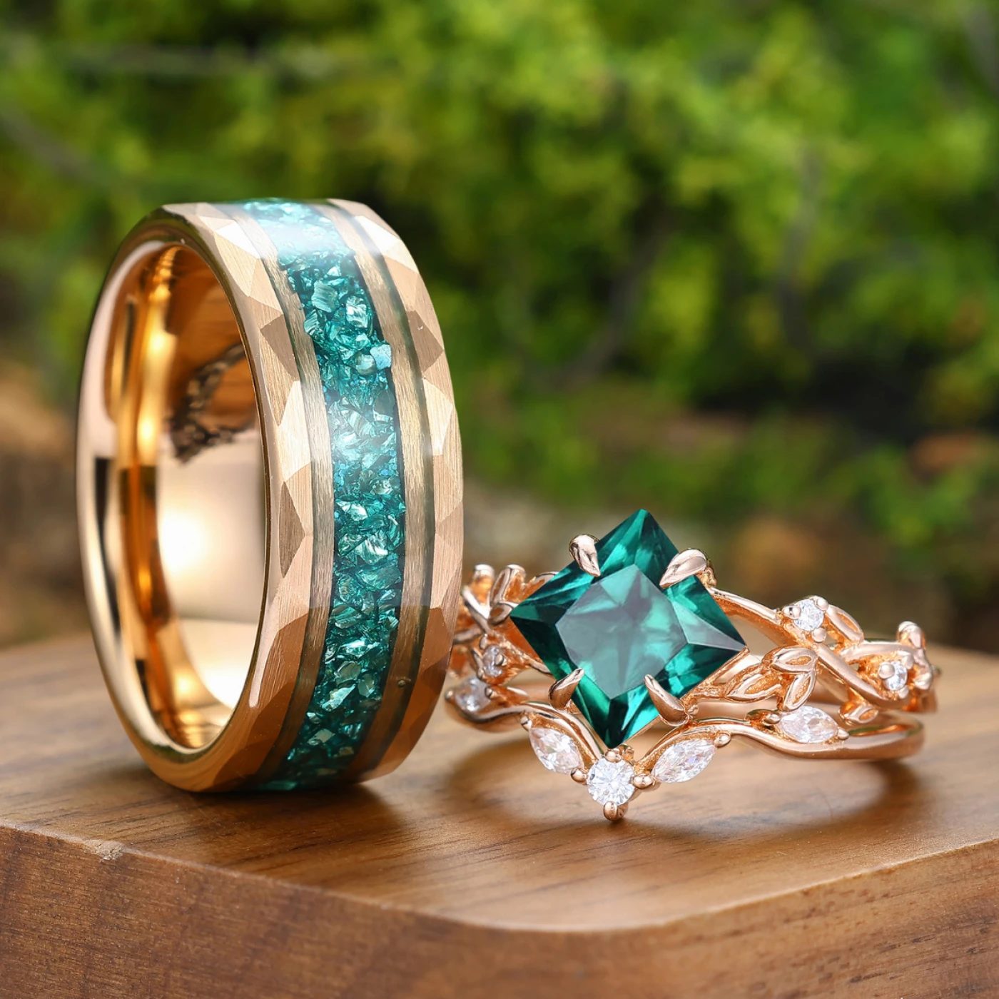 Unique Princess Cut Emerald Leaf Twig Couple Ring Set Emerald Rose