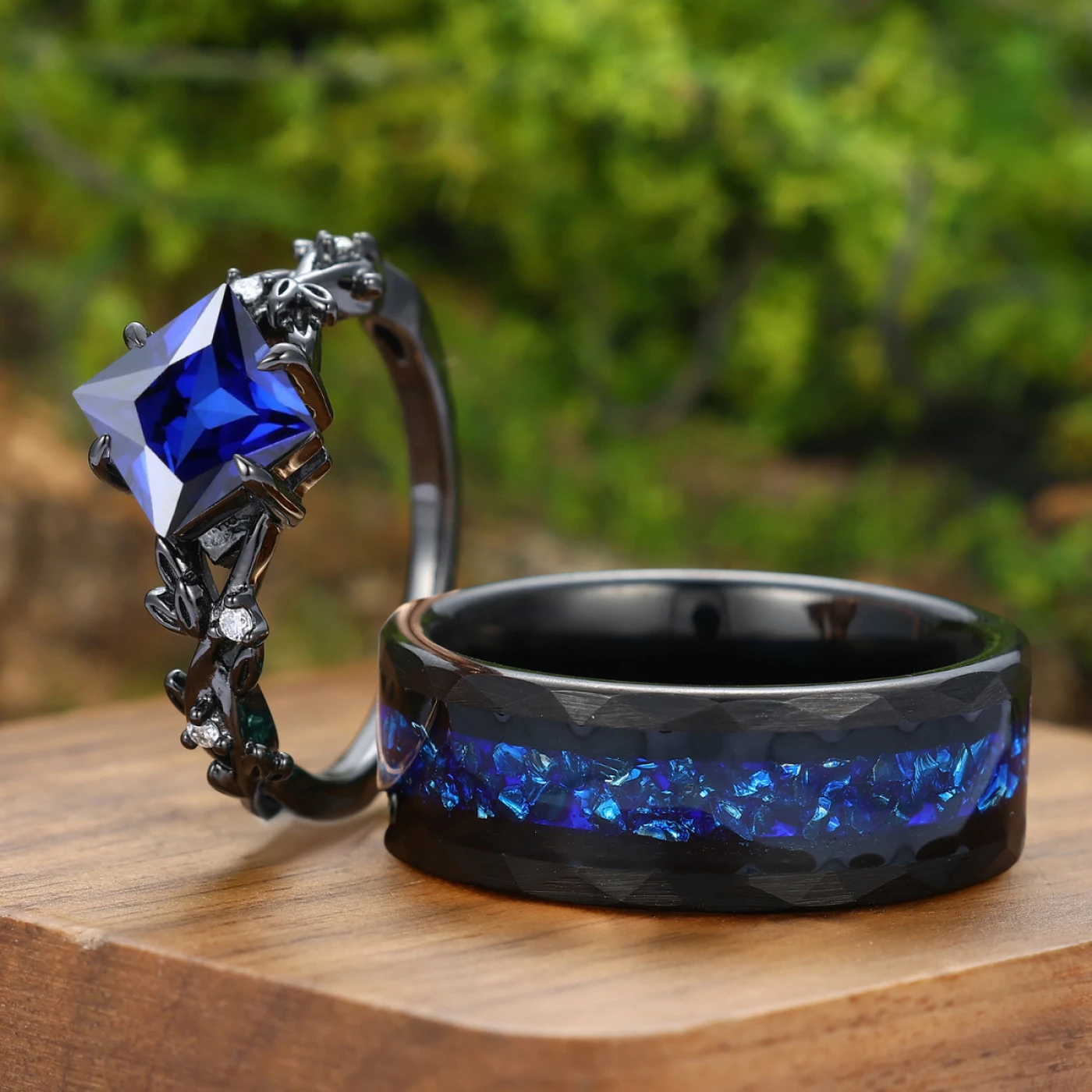 Dainty Princess Cut Sapphire Leaf Twig Couple Ring Sapphire Black Plated Rings For Him And Her - view 4