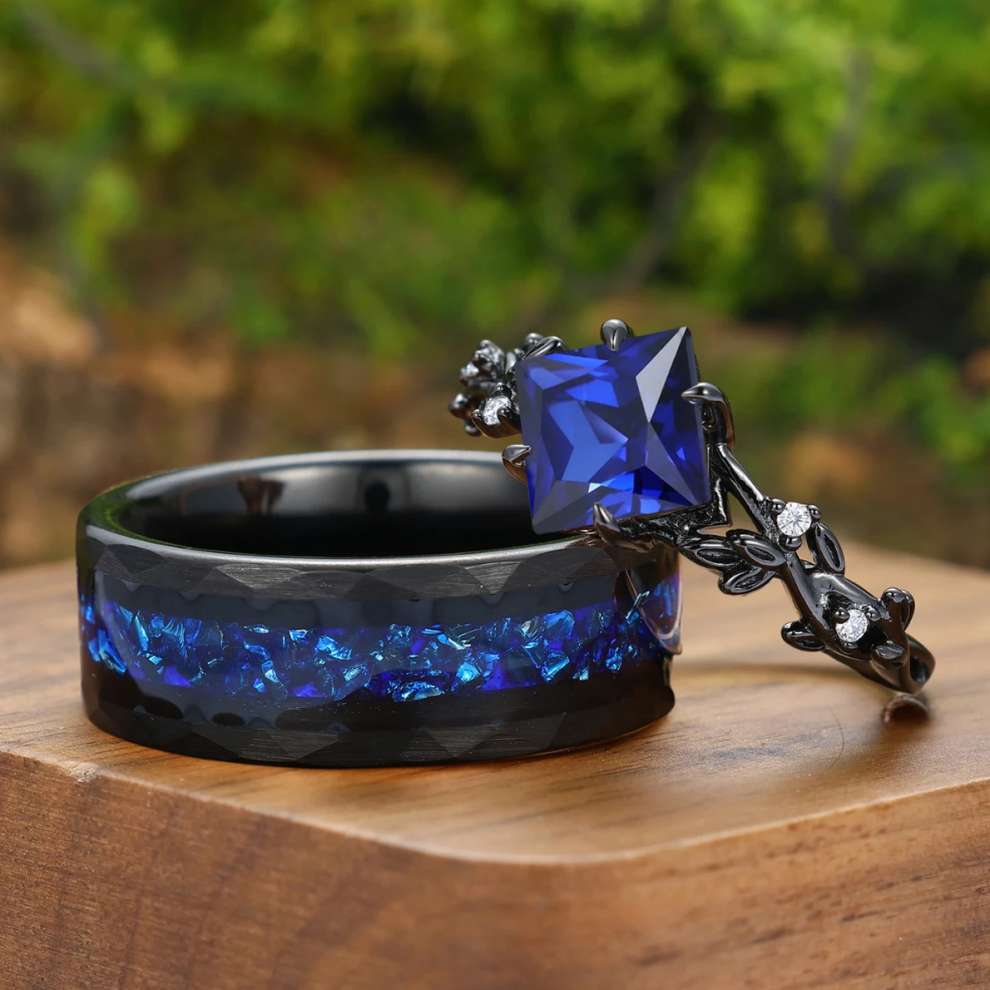 Dainty Princess Cut Sapphire Leaf Twig Couple Ring Sapphire Black Plated Rings For Him And Her - view 3