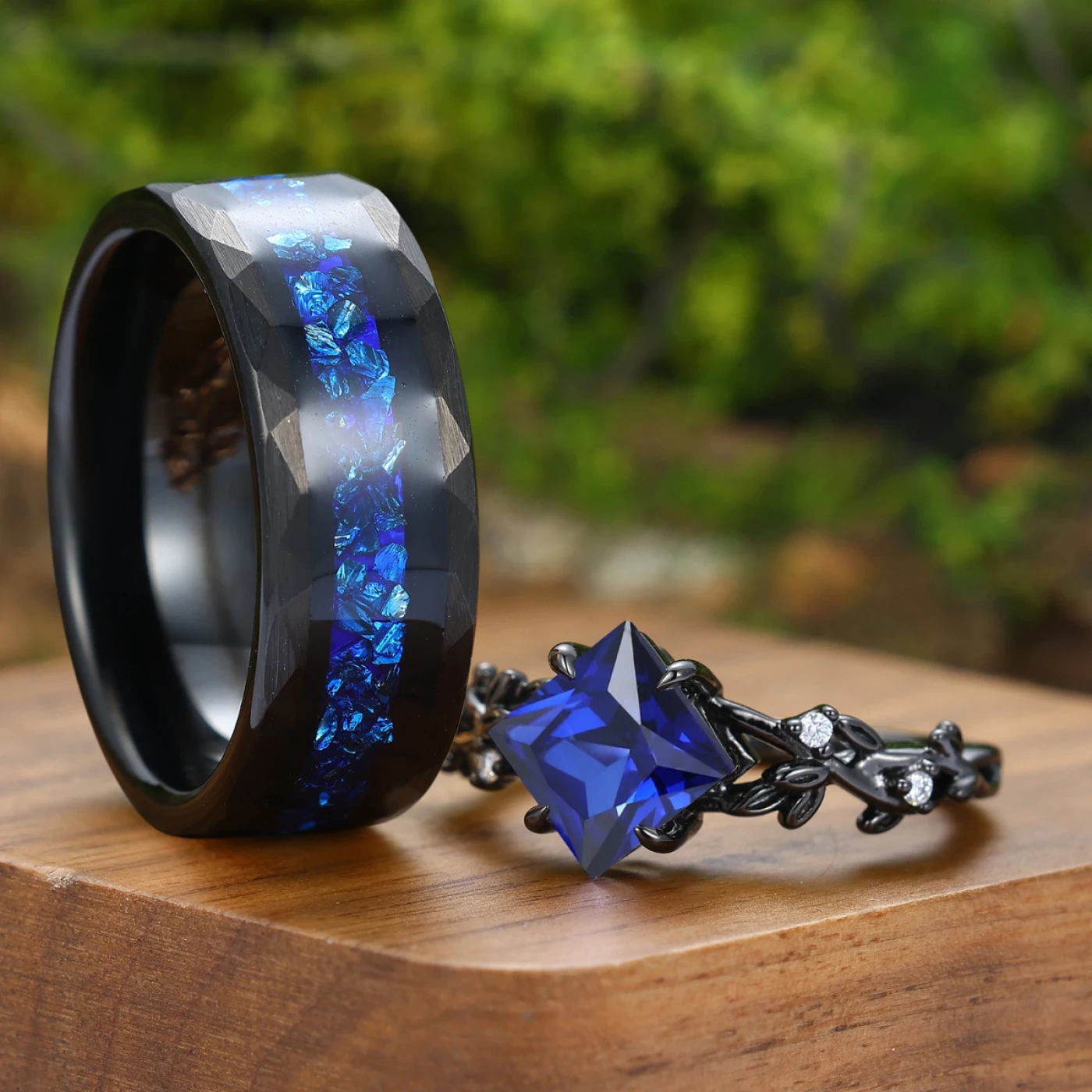 Dainty Princess Cut Sapphire Leaf Twig Couple Ring Sapphire Black Plated Rings For Him And Her - view 2