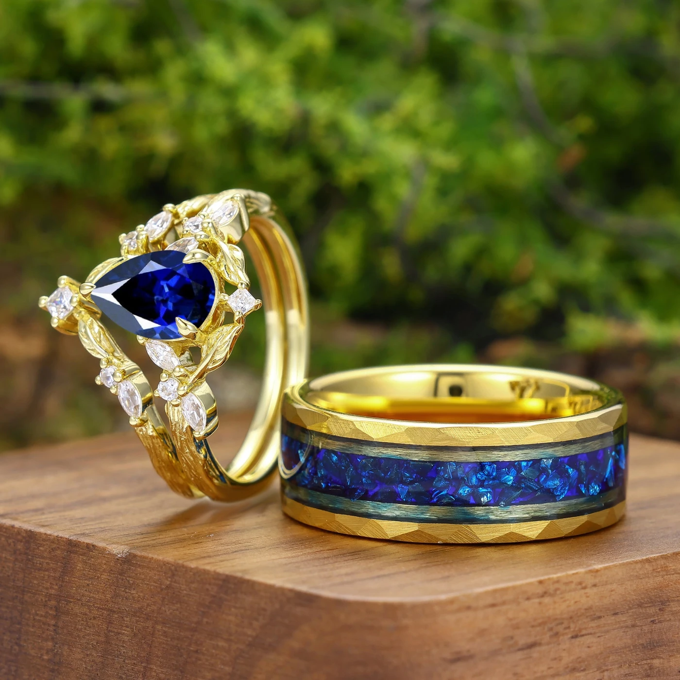 Antique Pear Cut Sapphire Leaf Branch Couple Rings Set Dainty Gold Rings For Him And Her - view 5