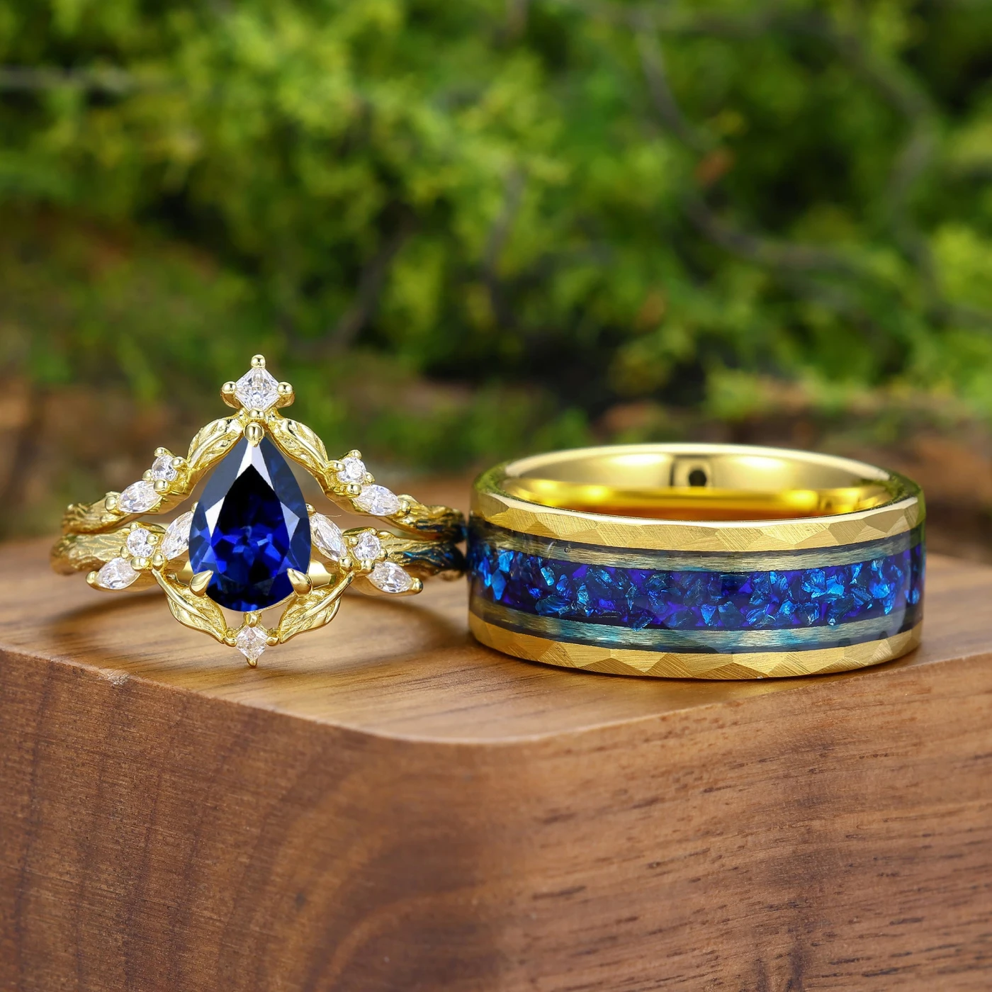 Antique Pear Cut Leaf Branch Couple Rings Set Dainty Gold Rings For Him And Her