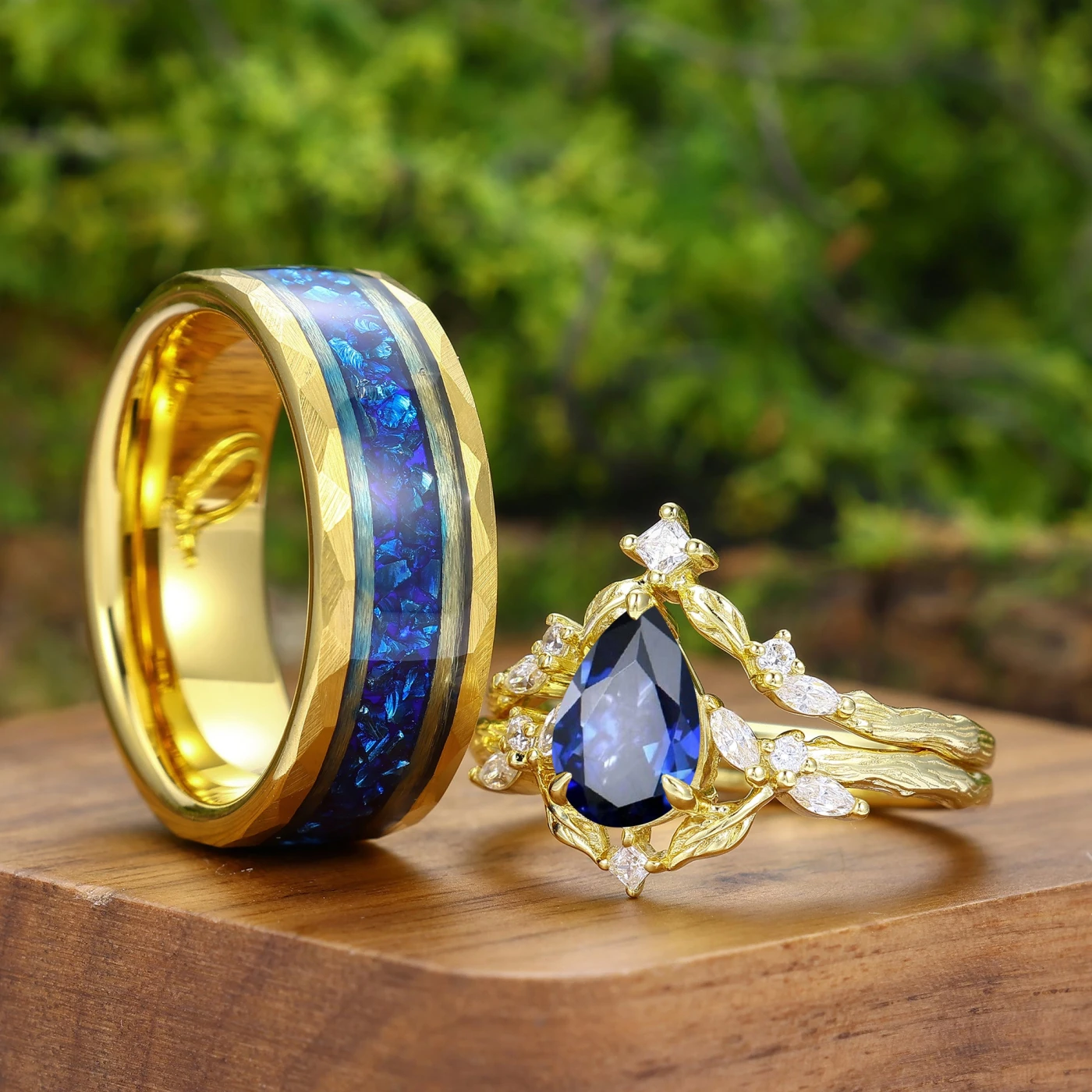 Antique Pear Cut Sapphire Leaf Branch Couple Rings Set Dainty Gold Rings For Him And Her - view 4