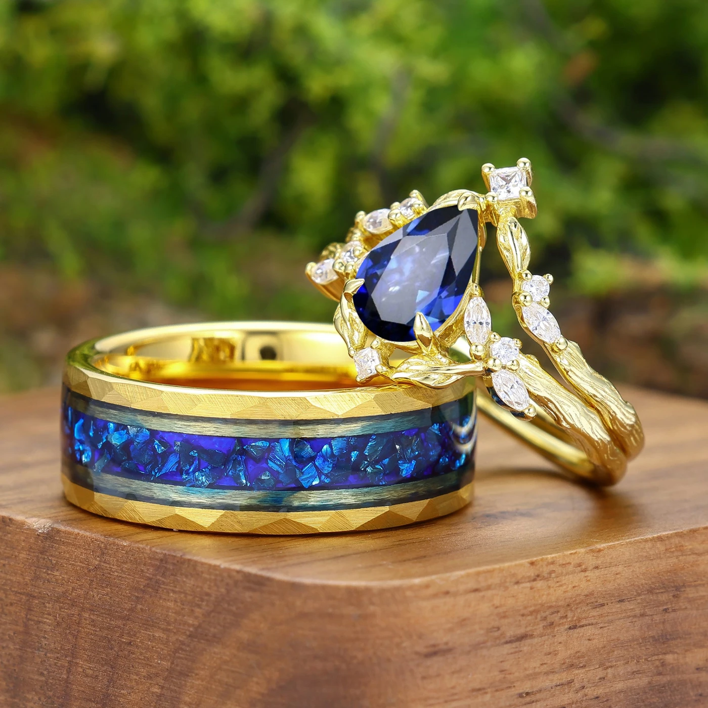 Antique Pear Cut Sapphire Leaf Branch Couple Rings Set Dainty Gold Rings For Him And Her - view 2