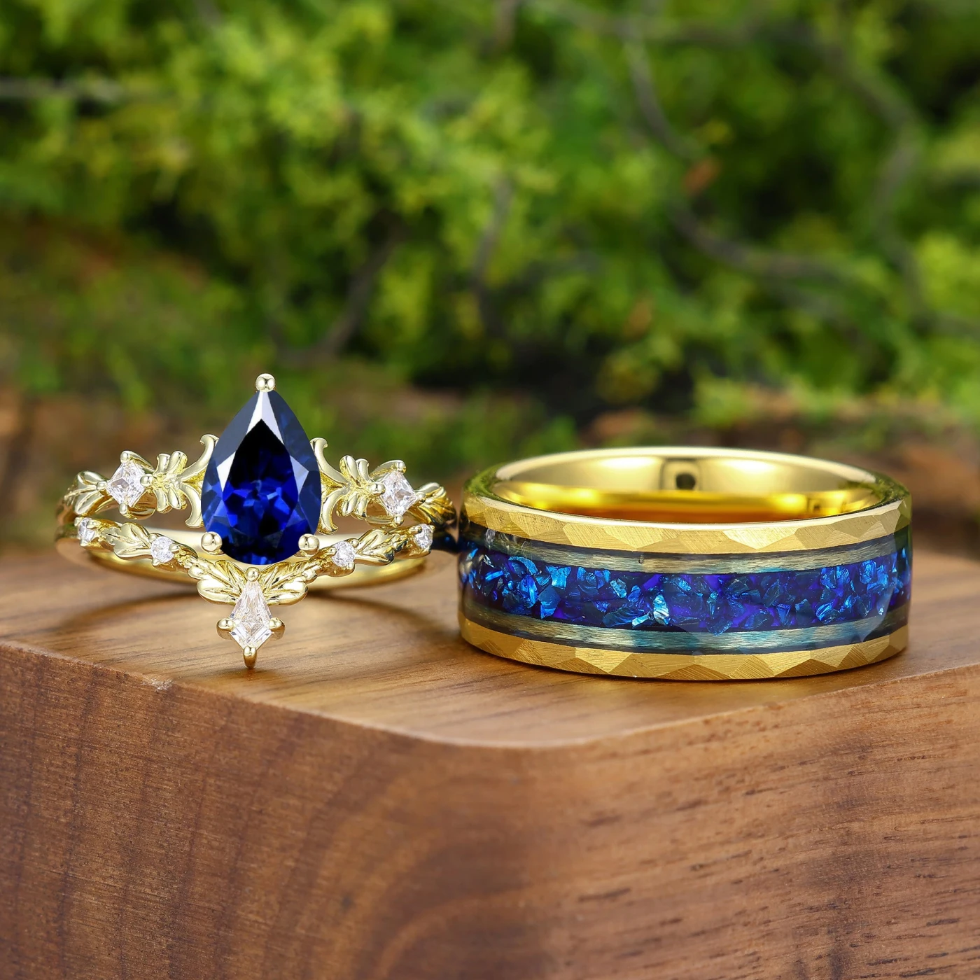 Dainty Leaf Inspired S925 Yellow Gold Sapphire Couple Ring Set Ring Set For Men And Women - view 2