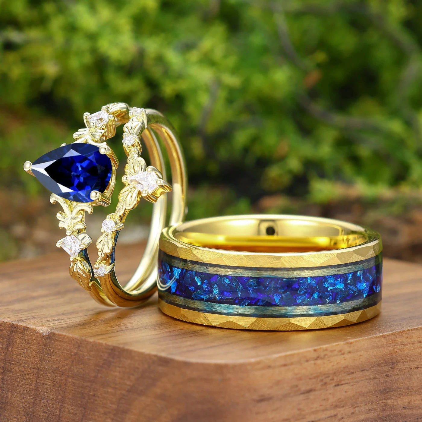 Dainty Leaf Inspired S925 Yellow Gold Sapphire Couple Ring Set Ring Set For Men And Women - view 3
