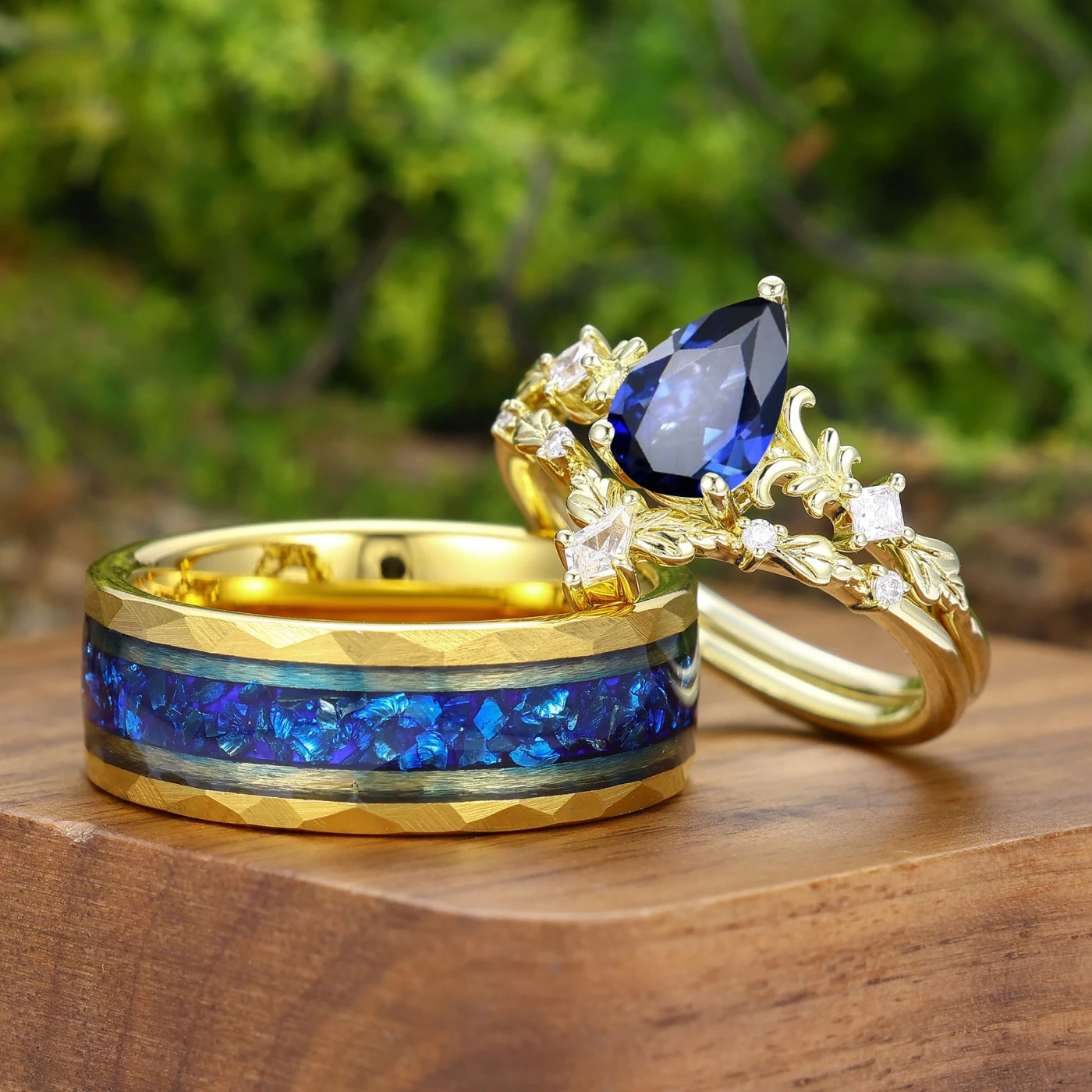 Dainty Leaf Inspired S925 Yellow Gold Sapphire Couple Ring Set