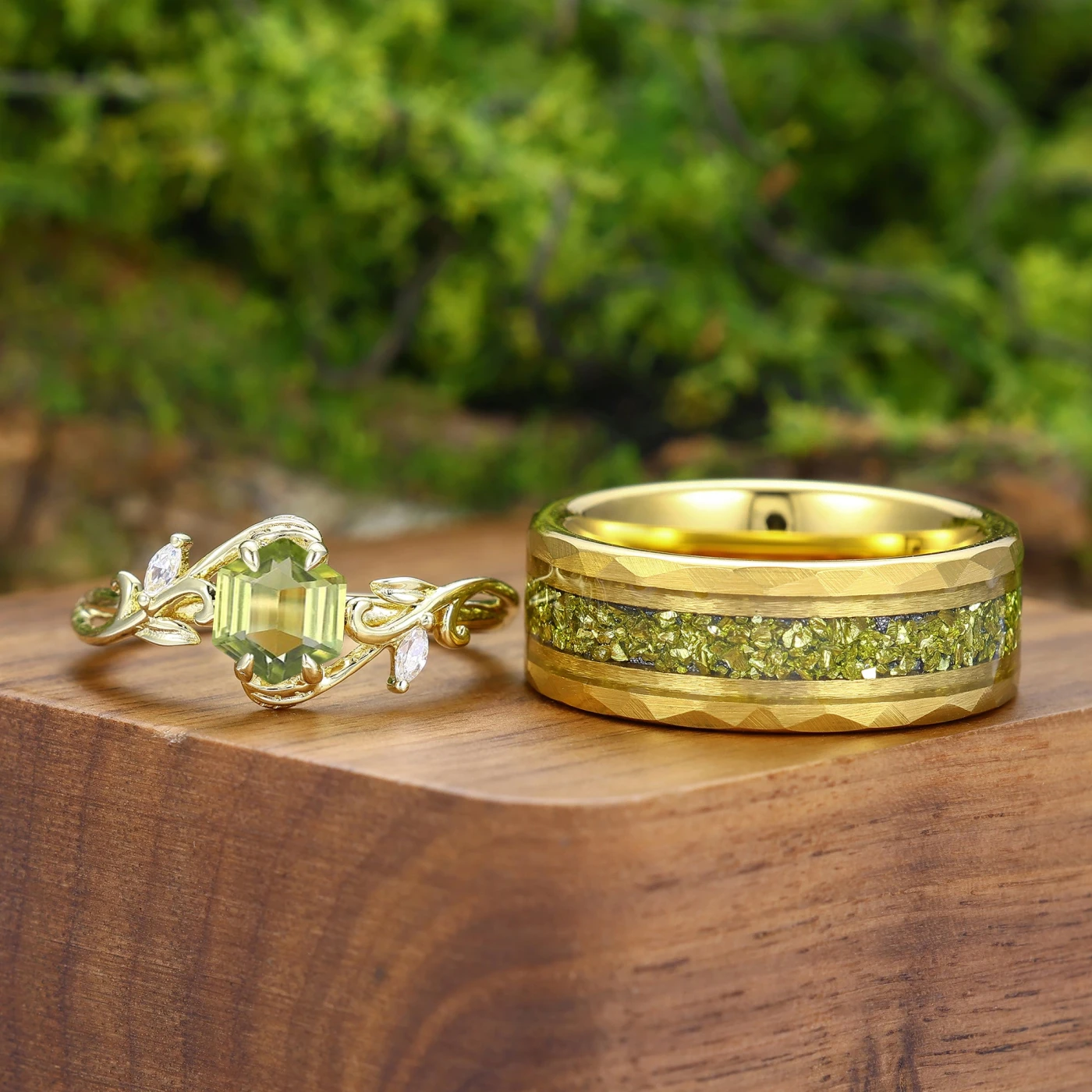 Antique Hexagon Cut Peridot Leaf Branch Couple Rings Set Dainty