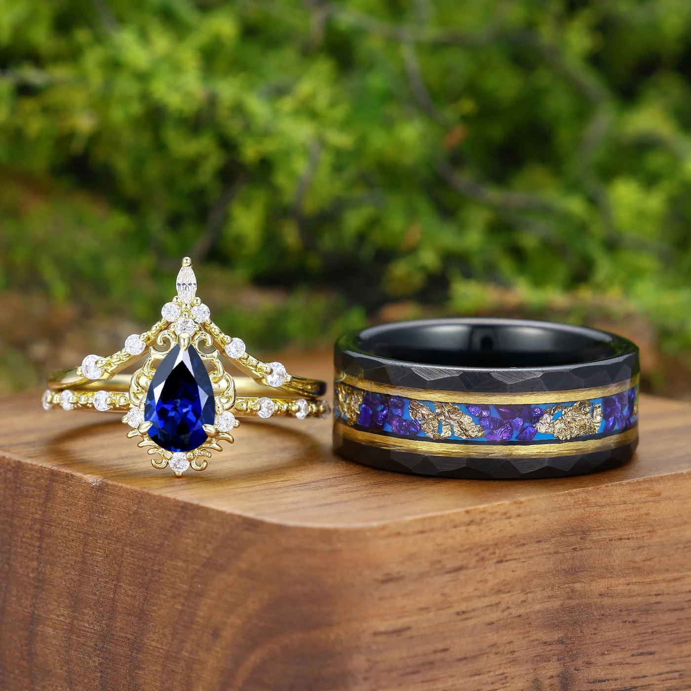Exquisite Pear Cut Sapphire Couple Rings Filigreed Marriage Ring