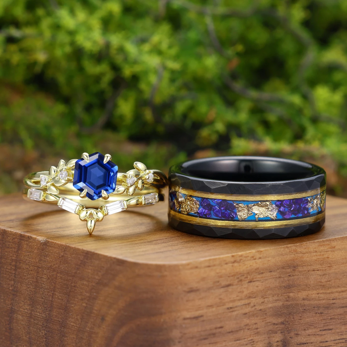 Leaf Inspired Hexagon Cut Sapphire Couple Rings Yellow Gold