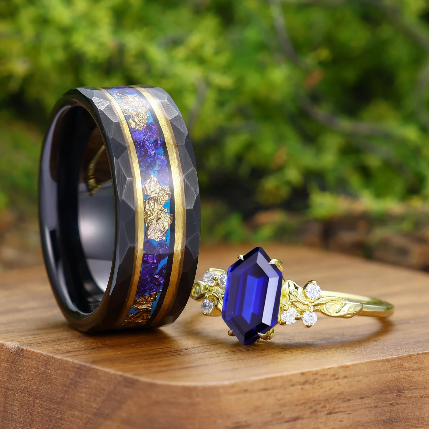 Art Deco Elongated Hexagon Cut Sapphire Engraved Flora Couple Rings His And Hers Rings - view 2