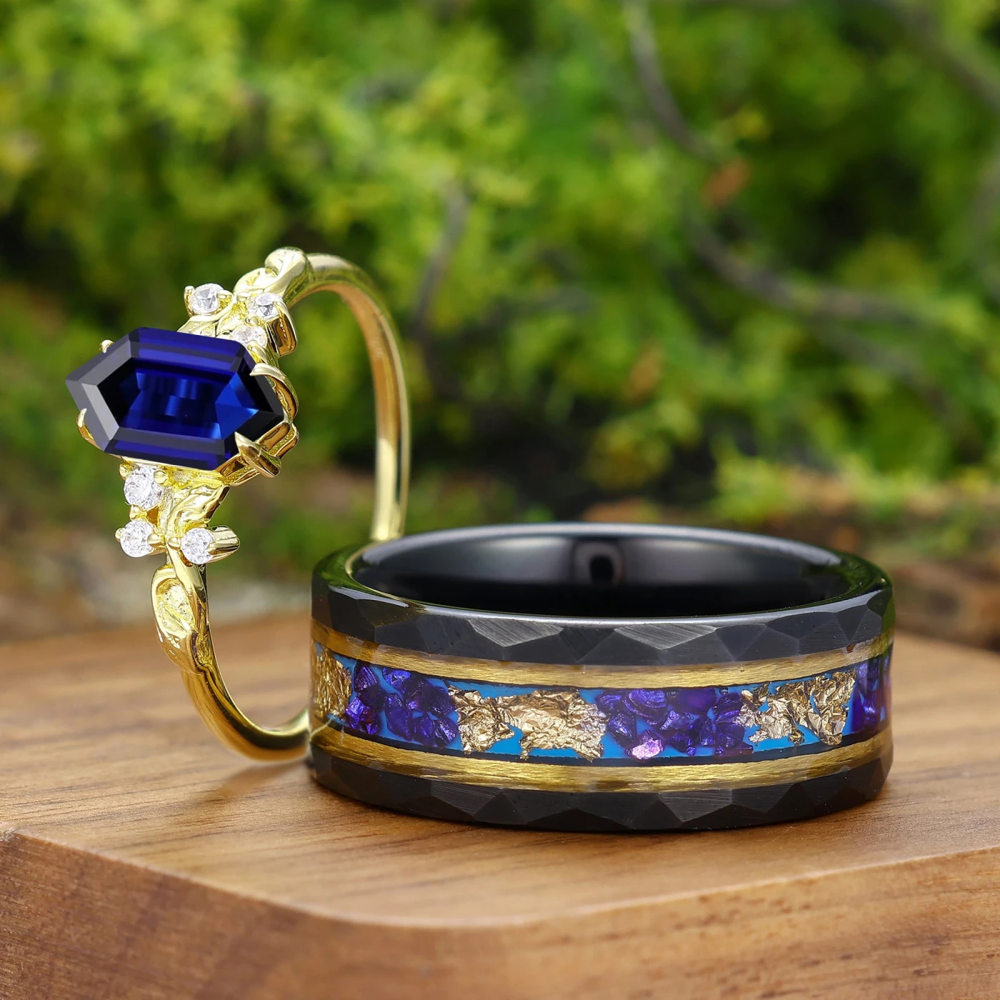 Art Deco Elongated Hexagon Cut Sapphire Engraved Flora Couple Rings His And Hers Rings - view 4