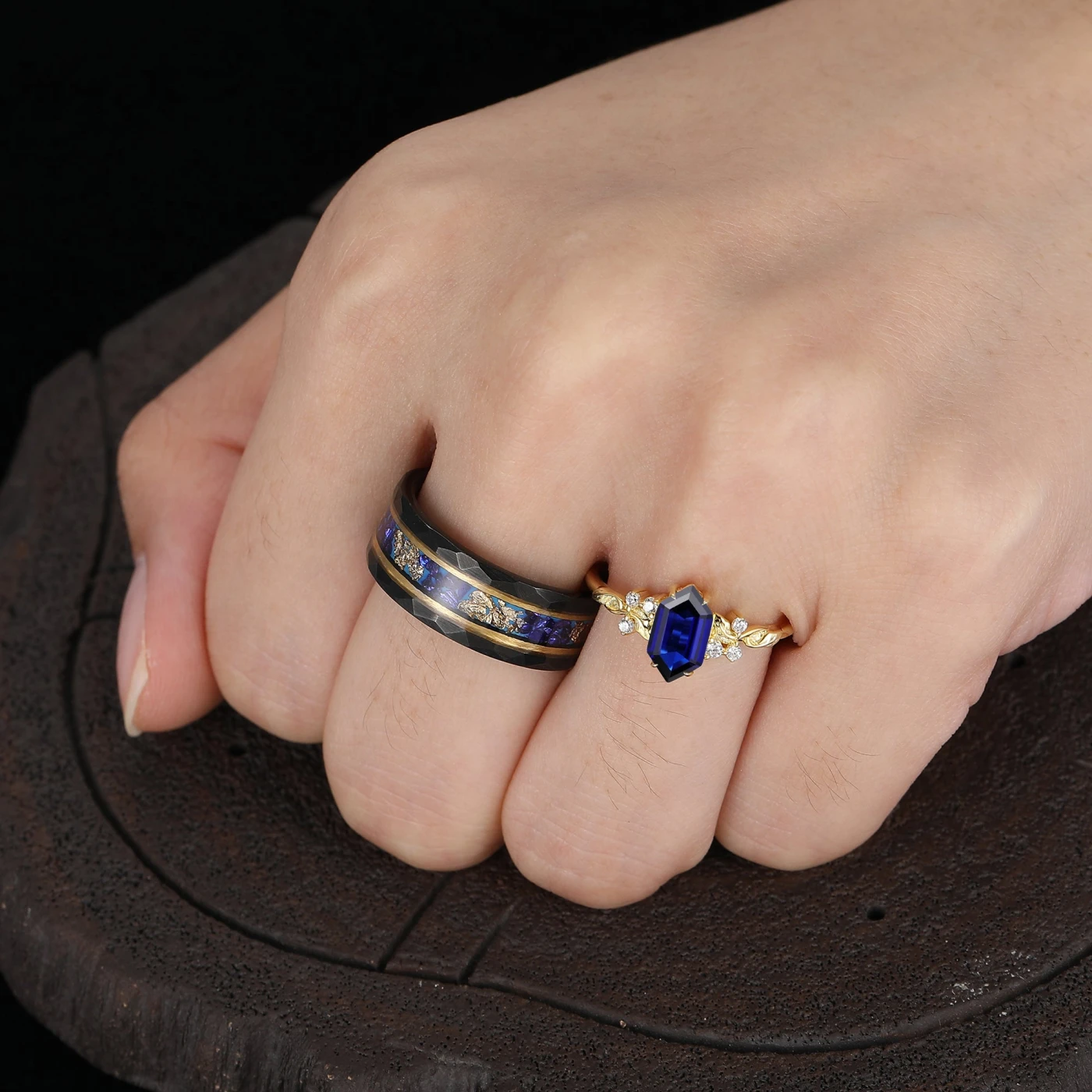 Art Deco Elongated Hexagon Cut Sapphire Engraved Flora Couple Rings His And Hers Rings - view 5